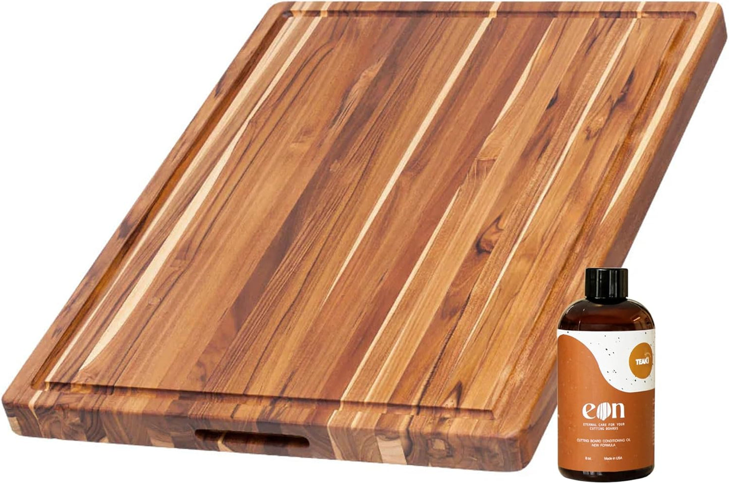 Teakhaus Carving Board and Cutting Board Oil Set - Includes Medium (M) Wood Cutting Board with Juice Groove and EON Food Grade Mineral Oil - Knife-Friendly - FSC Certified