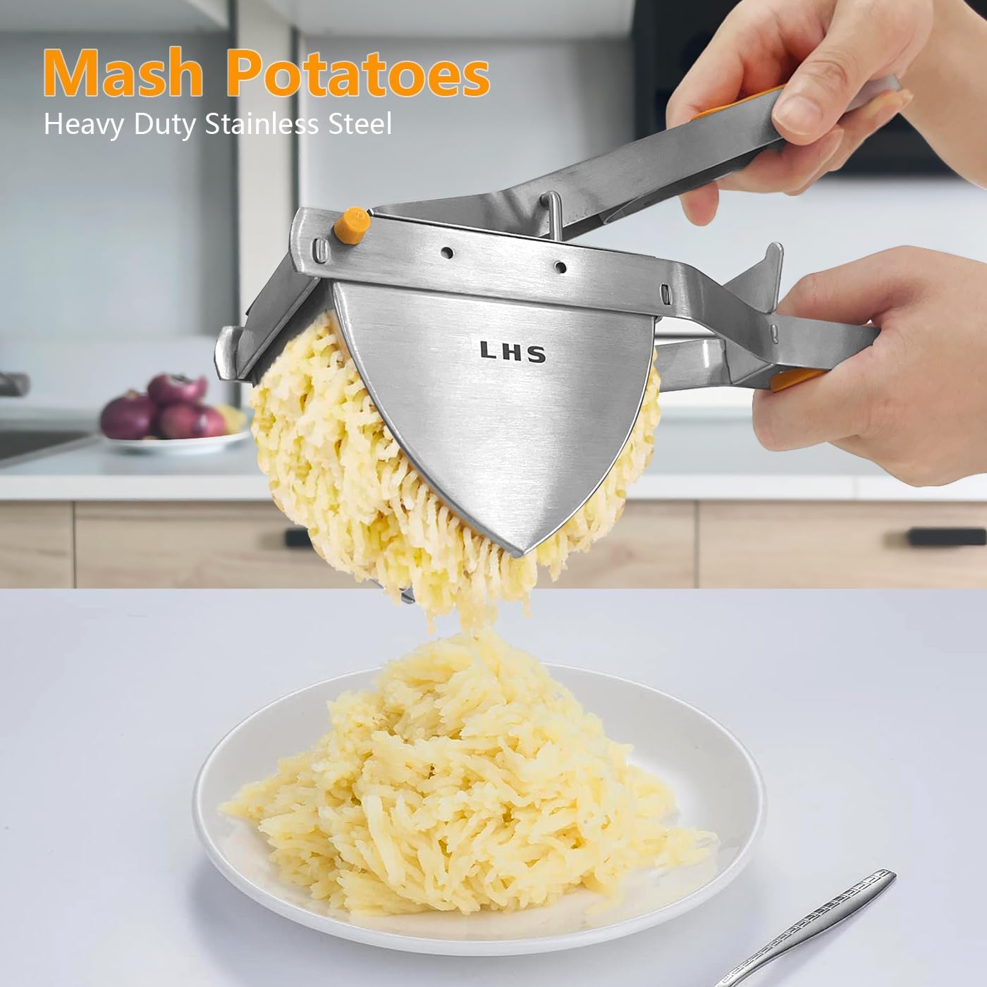 LHS Stainless Steel Potato Ricer and Masher, Heavy Duty Commercial Food Masher, Ergonomic Comfort Grip, Extra Large Capacity, Dishwasher Safe (Orange)