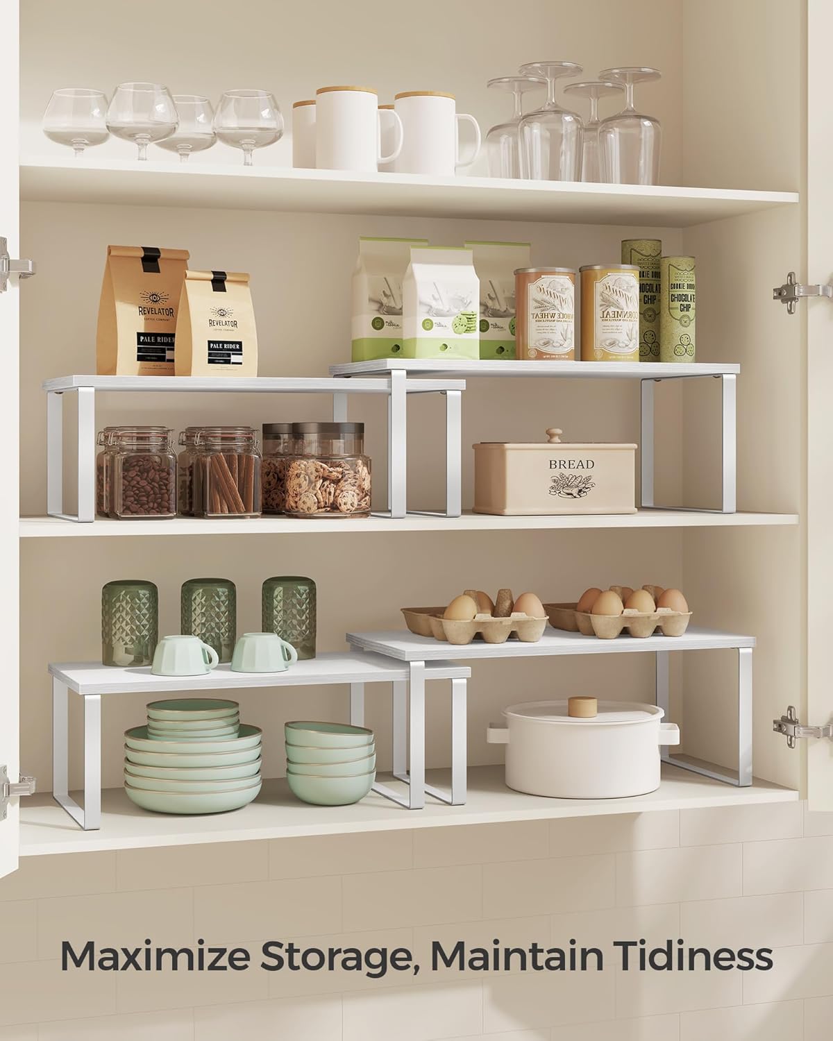 SONGMICS Cabinet Organizer Shelf, Set of 2 Kitchen Counter Shelves, Kitchen Storage, Spice Rack, Stackable, Expandable, Metal and Engineered Wood, Cloud White and Snow White UKCS025W01