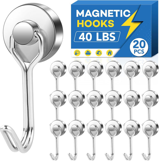 LOVIMAG Hooks, 40lbs+ Magnetic Magnet Hook 2025 Cruise Cabin Ship Essentials Heavy Duty Strong Refrigerator Fridge Hanging for Classroom Beach Vacation Kitchen Grills Home Mug Hanger (20 Pack), Silver