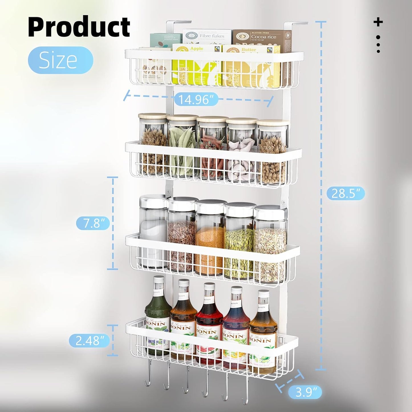Warome Magnetic Spice Rack for Refrigerator, 4 Tier Shelf Organizer with Strong Magnets, Kitchen Storage Gadget with Utility Hooks