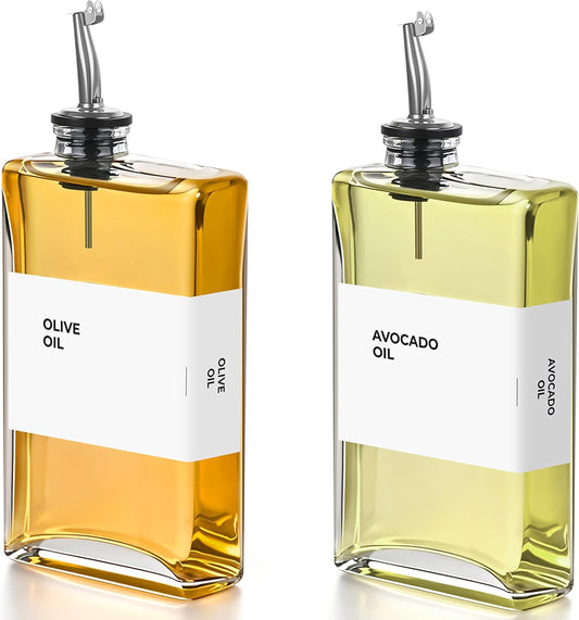 Olive Oil Dispenser Bottle - Includes 44 Kitchen Essential Labels - Cooking Oil Bottles for Kitchen, Coffee Syrup Dispenser - Pourer Spout with 11.8 fl oz Glass Container Cruet - 2pcs Silver