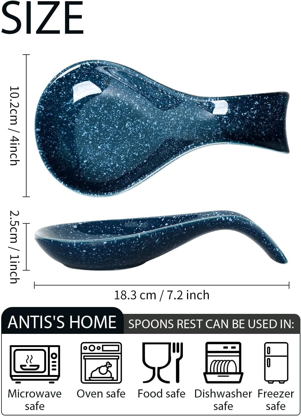 Spoon Rest for Stove Top, Kitchen Spoon Holder, Navy Blue Spoon Rest for Counter, Ceramic Cooking Utensil Rest for Spatula, Ladle, ANTIS'S HOME