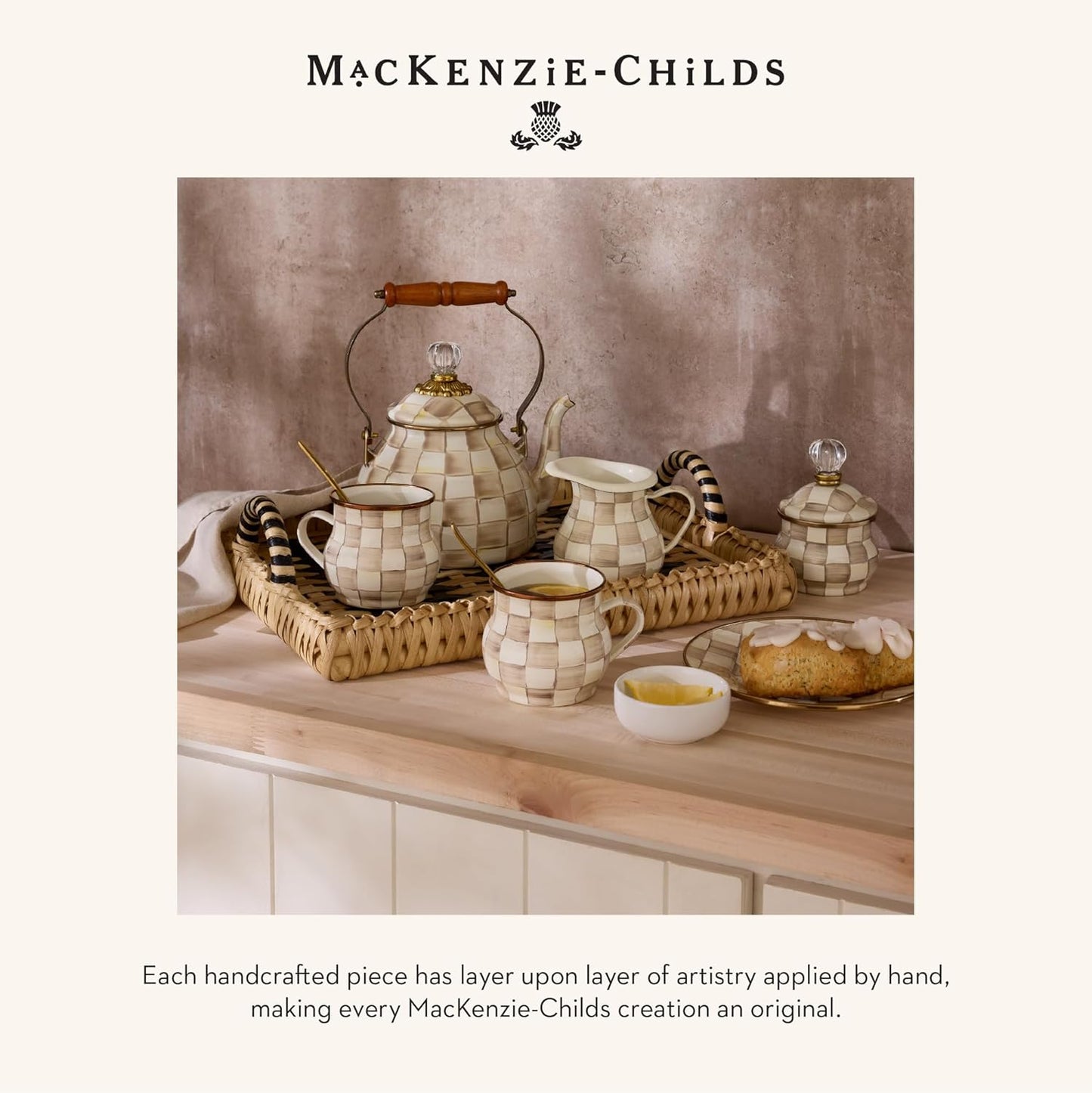 MACKENZIE-CHILDS Enamel Everyday Bowl, Serving Bowl for Entertaining, Large, Brown-and-White Mocha Check
