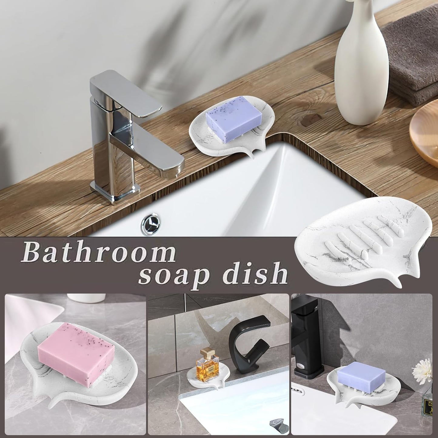 Soap Dish with Drain- Self Draining Bar Soap Holder for Shower, Marble Look Soap Savers Soap Tray Sponge Holder for Kitchen, Bathroom, Bathtub Sink, White
