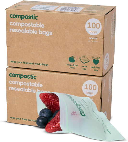Compostic Home Compostable Resealable Snack Bags (6"x 3.5"), Microwave & Freezer Safe, Organic Food Storage Container, 100 Count (Pack of 2)