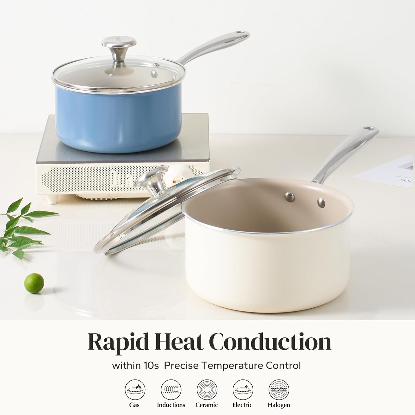 Redchef Ceramic Sauce Pan with Lid, 2.5QT Small Saucepan, Nonstick Cooking Pot with Stay-Cool Handle, Kitchen Non Toxic Soup Pot, PTFE & PFOA Free, Oven Dishwasher Safe, Compatible All Stovetops-Beige