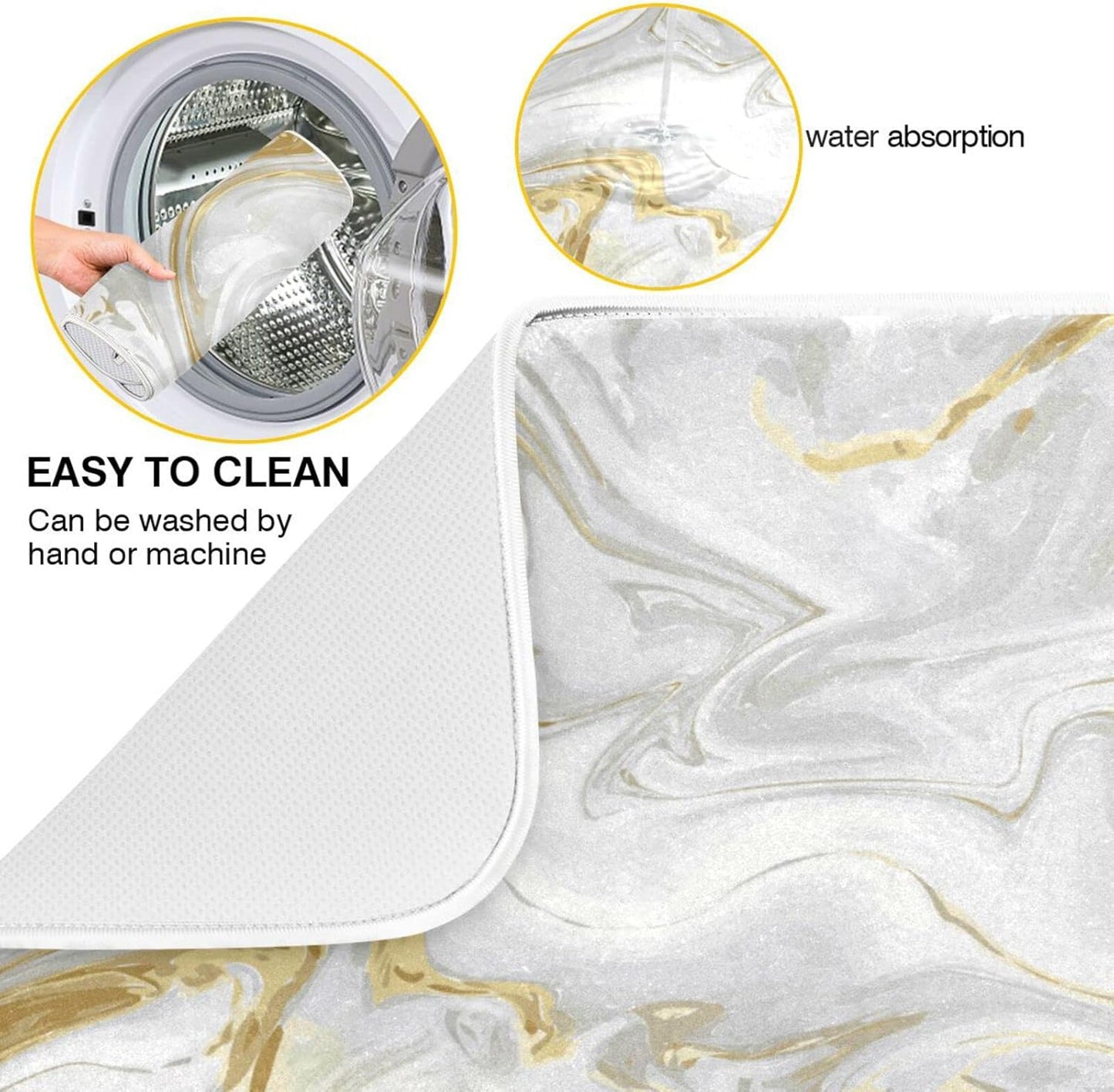 White Grey Gold Marble Fluid Dish Drying Mat for Kitchen Counter Absorbent Microfiber Drying Pad, Large 18x24 in, Reversible Drainer Mats