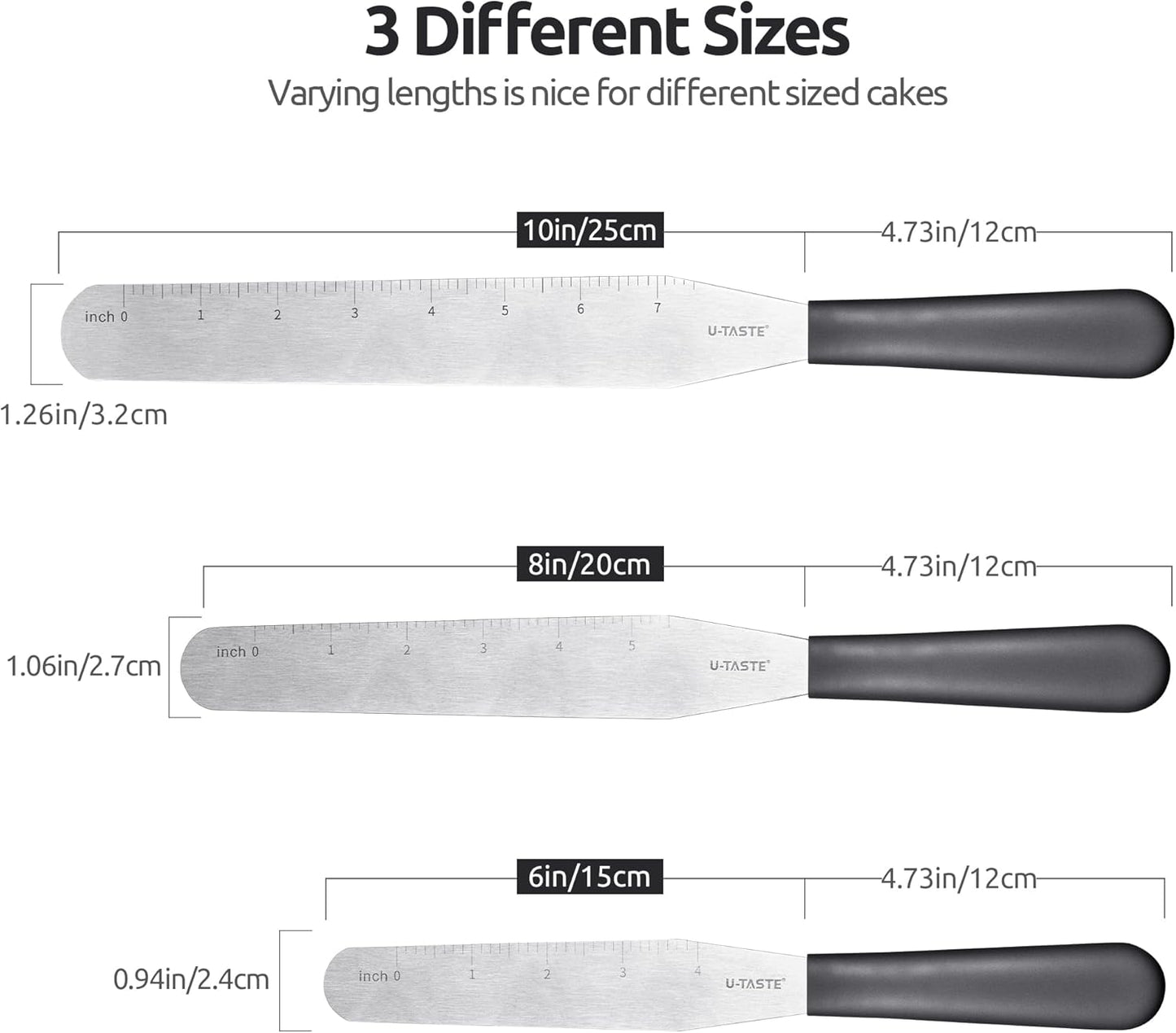 U-Taste Cake Icing Spatulas Set: Straight Decorating Frosting Knife with 6", 8", 10" Thinner Stainless Steel Blade, Flexible Smoothing Spreading Tools with Comfortable PP Handle for Cream (Black)