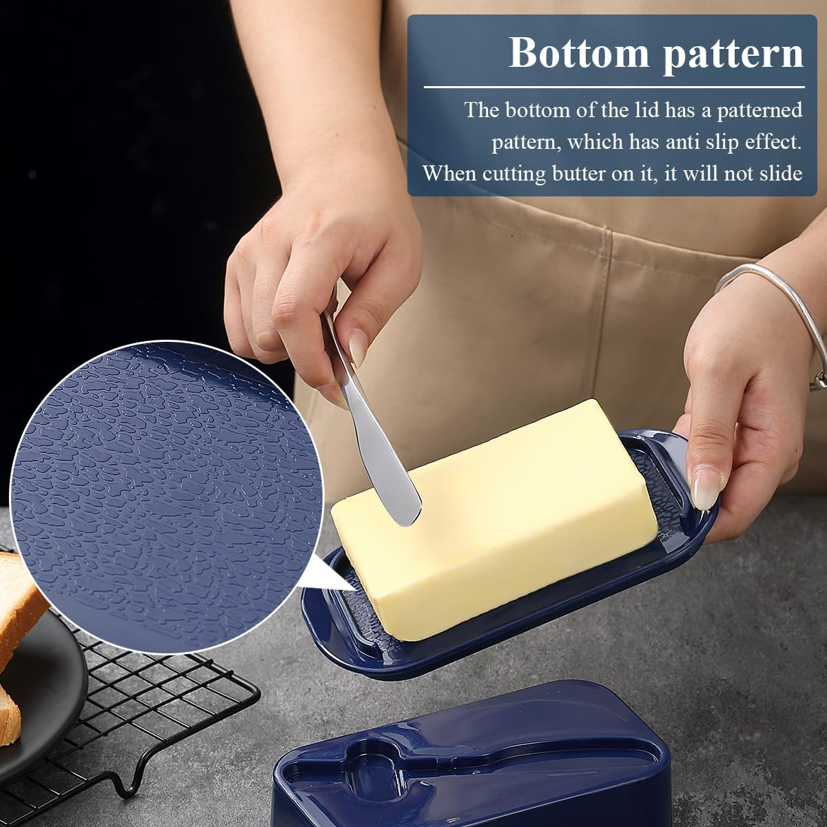 Evanda Butter Dish with Lid for Countertop and Refrigerator Door Shelf with Butter Spreader Knife, Butter Keeper, Plastic Butter Holder Tray Container for West/East Coast Butter