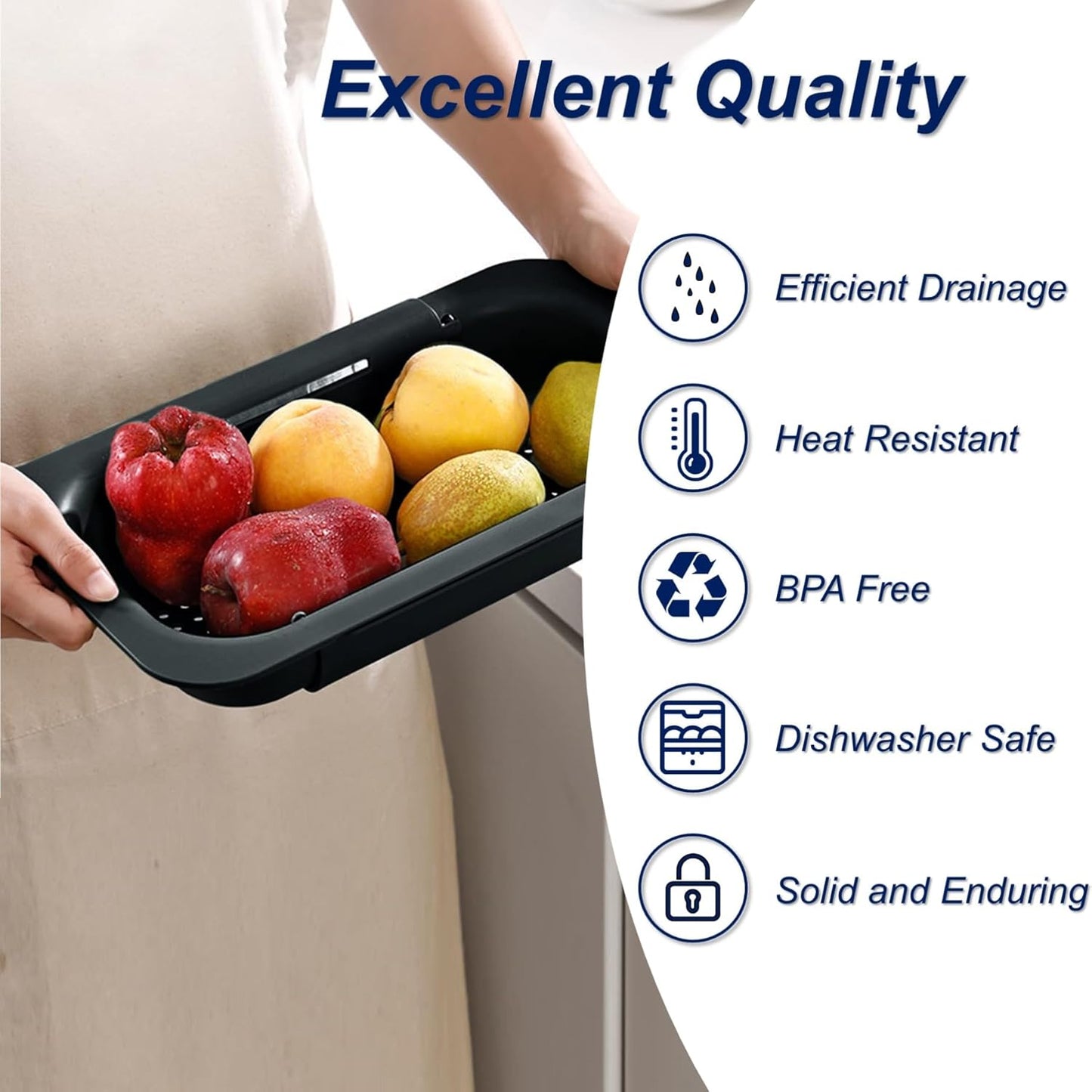 Extendable Sink Colander Strainer Basket - Wash Vegetables and Fruits, Drain Cooked Pasta and Dry Dishes - Adjustable Over the Sink Colander Collapsible Drainer Basket - Black