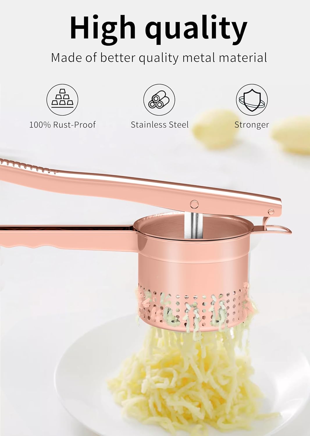 Large 15oz Potato Ricer Masher, Heavy Duty Stainless Steel Potato Masher with Ergonomic Handle, Masher and Ricer Kitchen Tool for Mashed Potatoes, Noodle Maker, Rose Gold