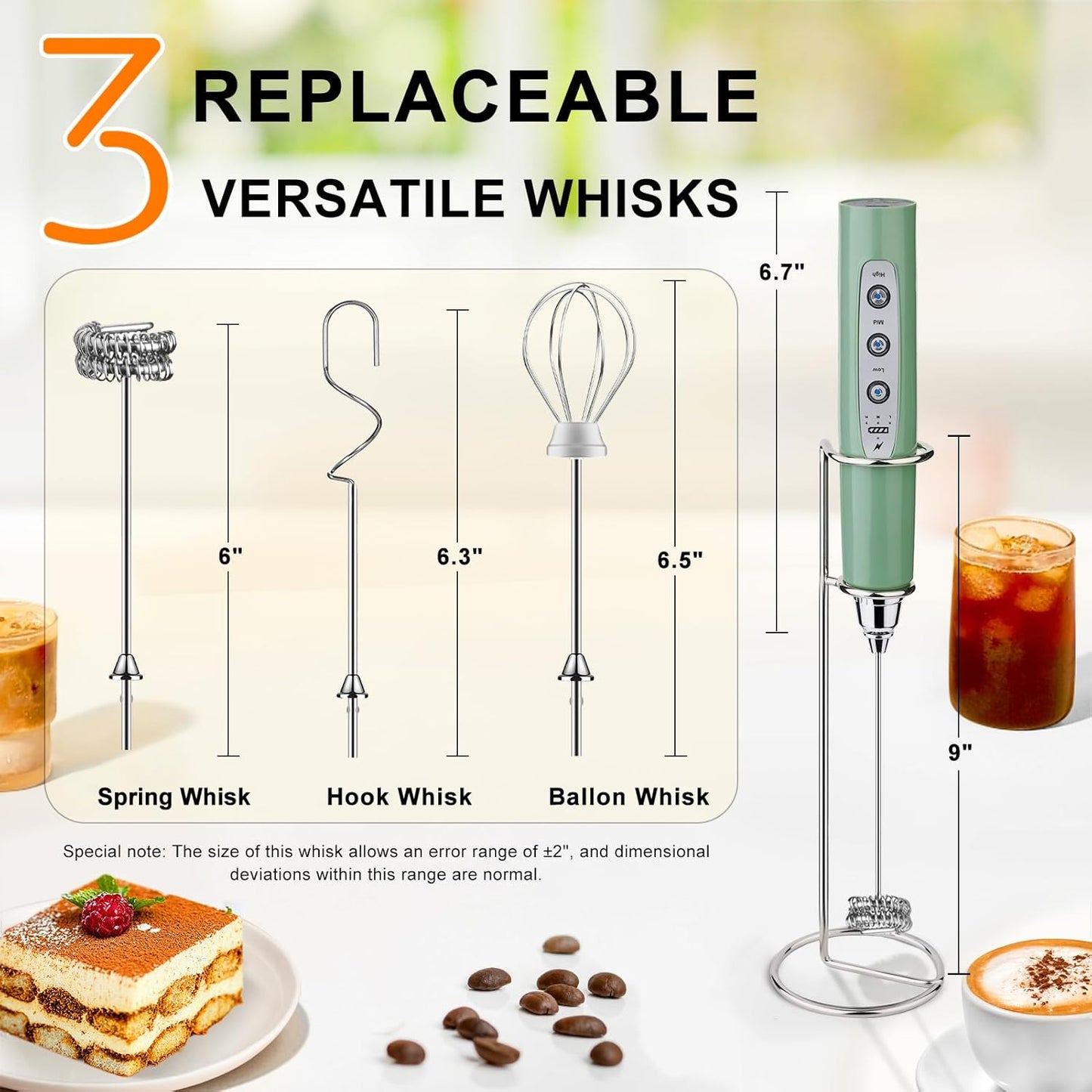 YUSWKO Granite Rechargeable Milk Frother for Coffee with Stand, Handheld Drink Mixer with 3 Heads 3 Speeds Electric Stirrers for Latte, Cappuccino, Hot Chocolate, Egg