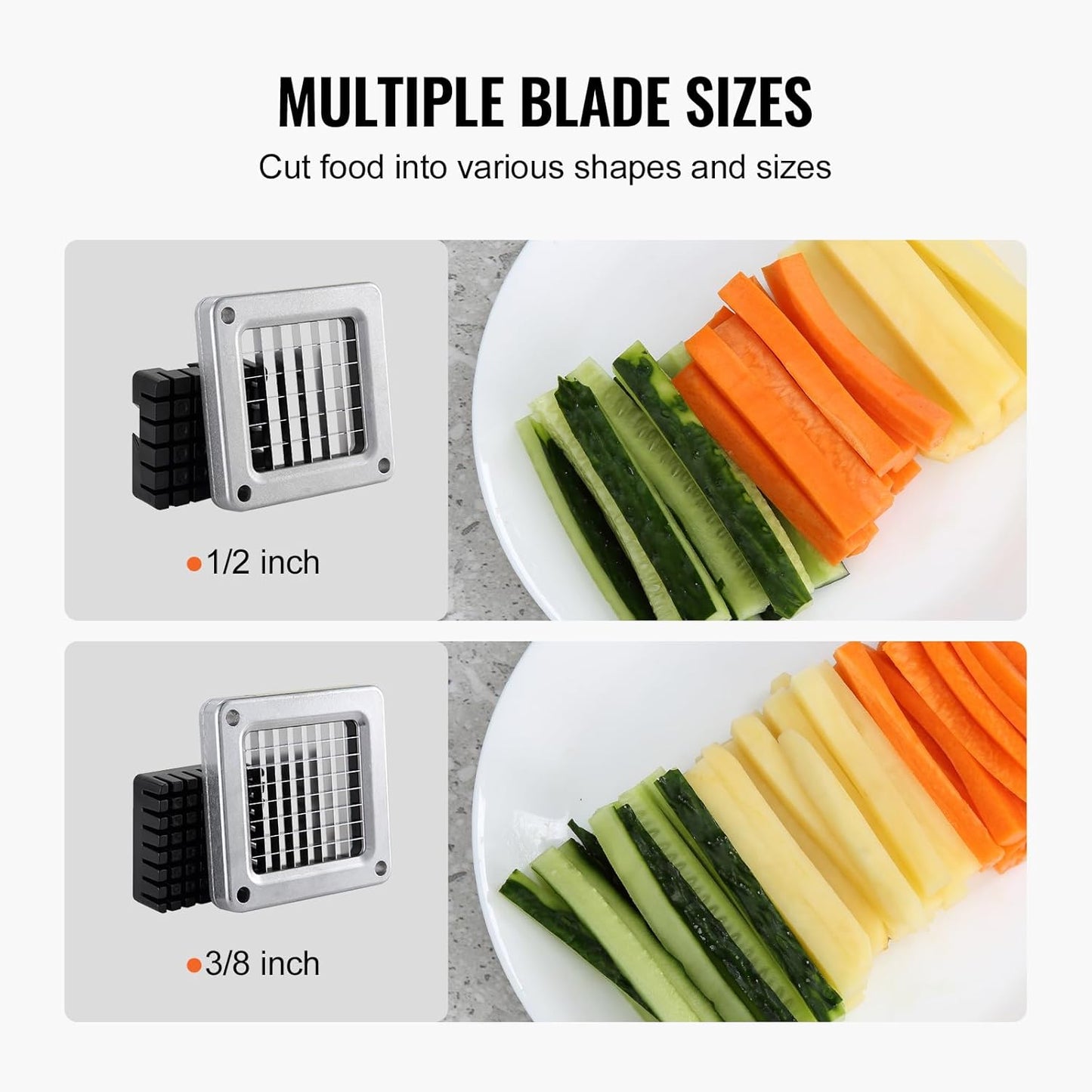 VEVOR French Fry Cutter, Potato Slicer with 1/2-Inch and 3/8-Inch Stainless Steel Blades, Manual Potato Cutter Chopper with Suction Cups, Great for Potato, French Fries, Cucumber, Vegetables, Carrot