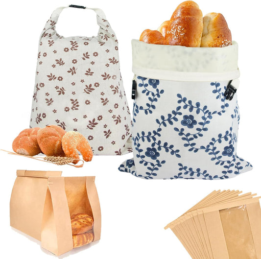 Reusable Bread Bags for Homemade Bread Sourdough, 2 Pack XL Bread Bag with Zipper, 10 Pcs Large Paper Bags with Window, Beeswax-Lined Cotton Storage Bags to Keep Fresh, Freezer Safe Eco-Friendly