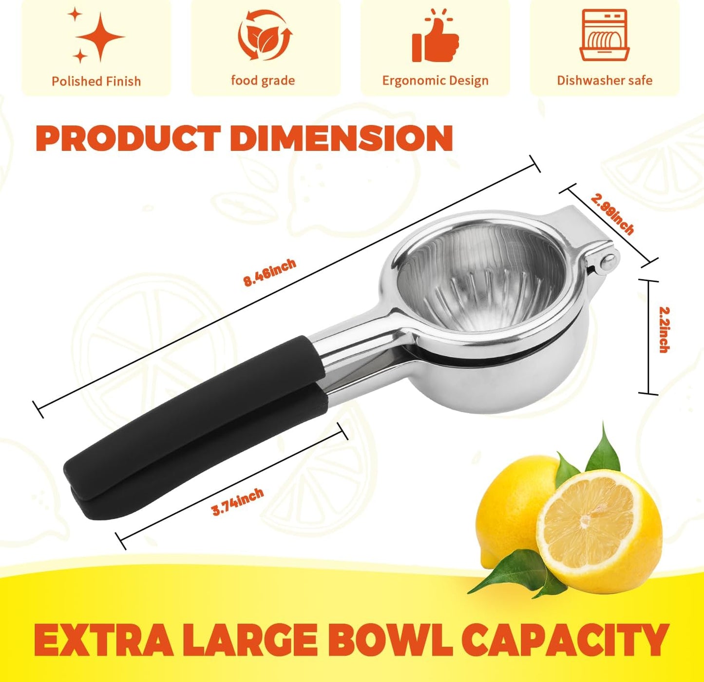 Lemon Squeezer,304 Stainless Steel Citrus Press Juicer,Non-Slip Grip Design Manual Juicer,Heavy Duty Manual Citrus Press Juicer & Lime Squeezer-Silver & BLack