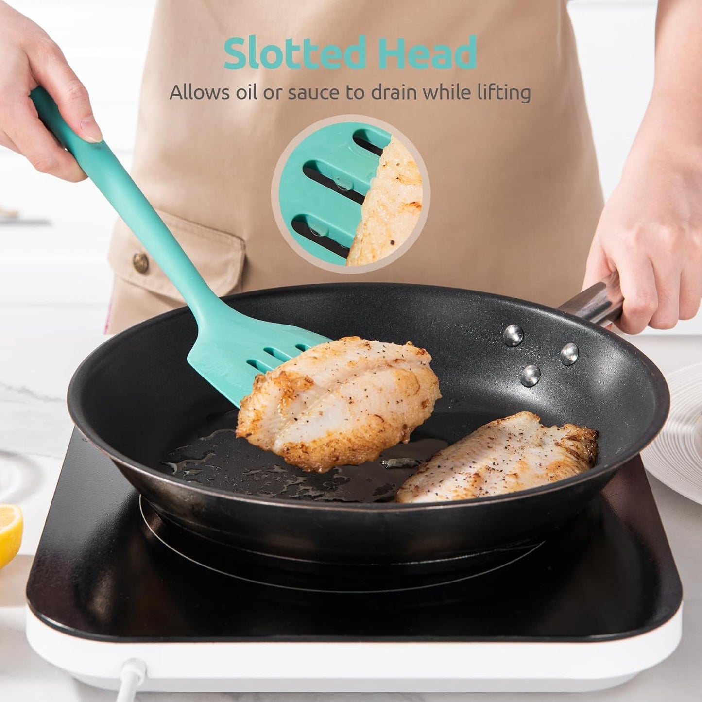 U-Taste 600ºF Heat Resistant Silicone Turners: 13.6in Long Solid & Slotted Kitchen Spatula Flipper, Wide and Large Flexible Cooking Utensil for Flipping Egg, Pancake, Cookie (Aqua Sky, 2PCS)