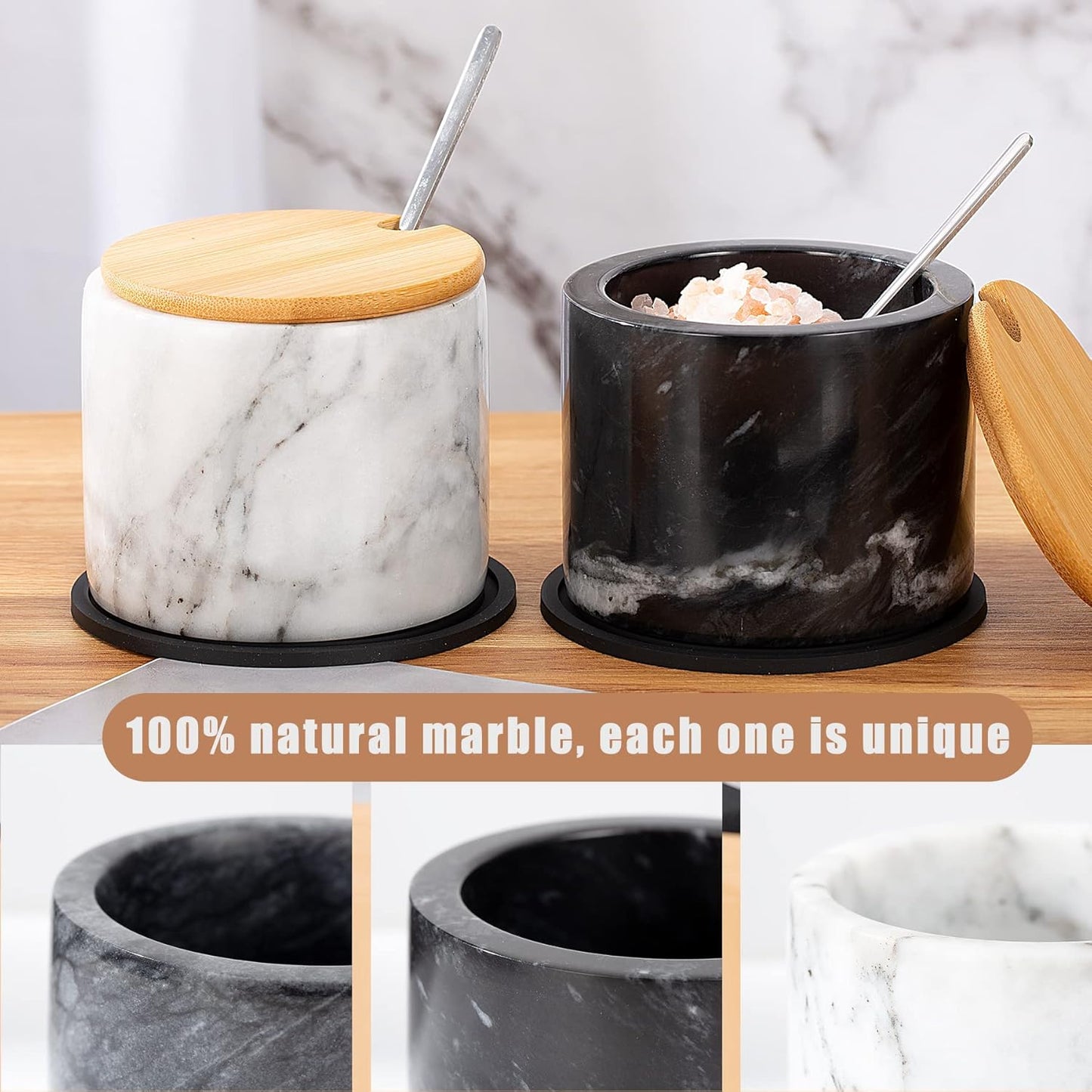 Marble Salt Cellar with Lid & Spoon, 11oz Salt and Pepper bowls, Handcrafted from Natural Marble, Smooth Inside (White)