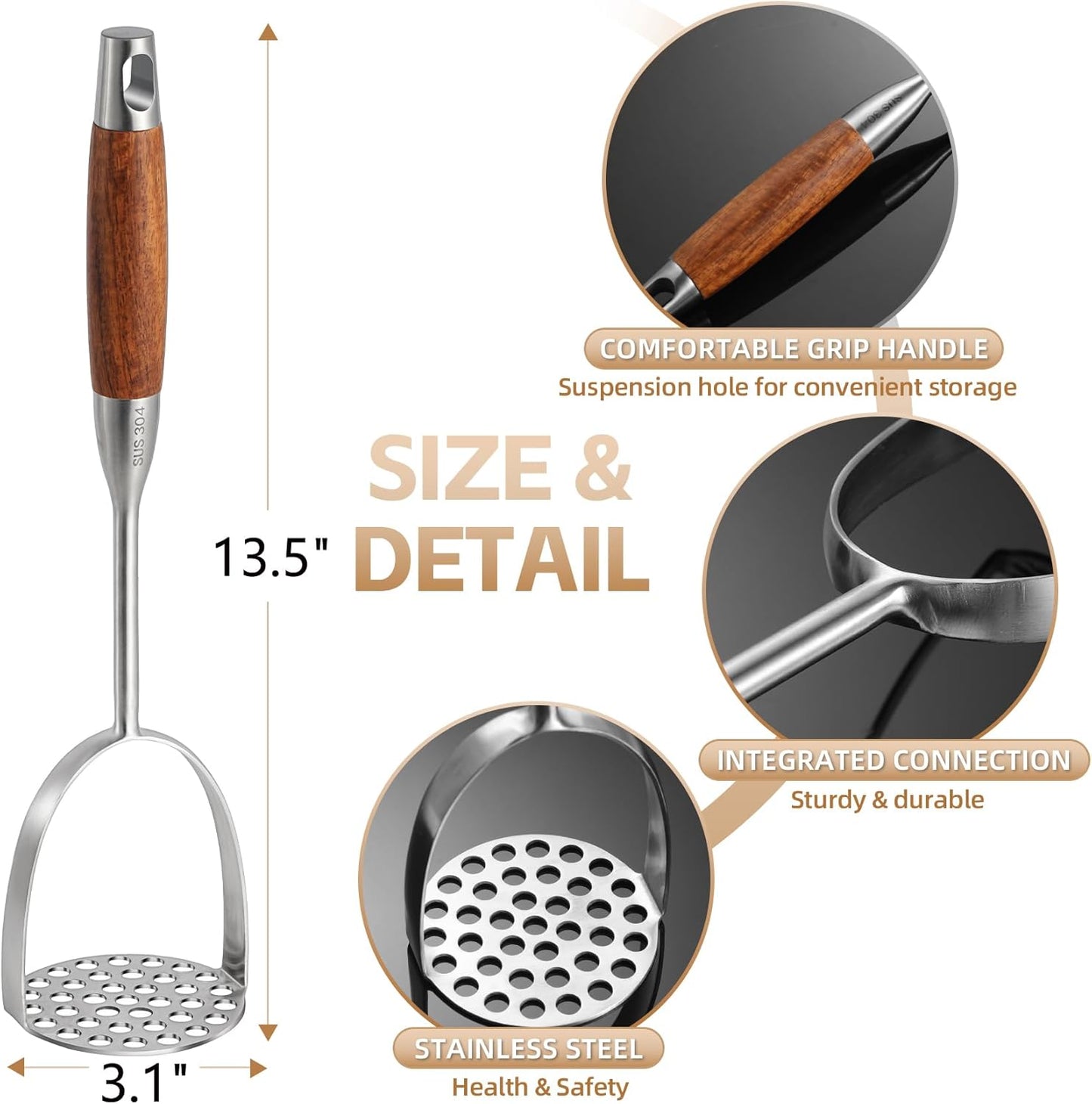 Potato Masher Stainless Steel, Manual Mashed Potato Masher,Wooden handle Potatoes Smasher Kitchen Tool for Avocado,Potatoes, Vegetables, 13.5Inch Long handle Large Heavy Duty Metal Mashing Utensil