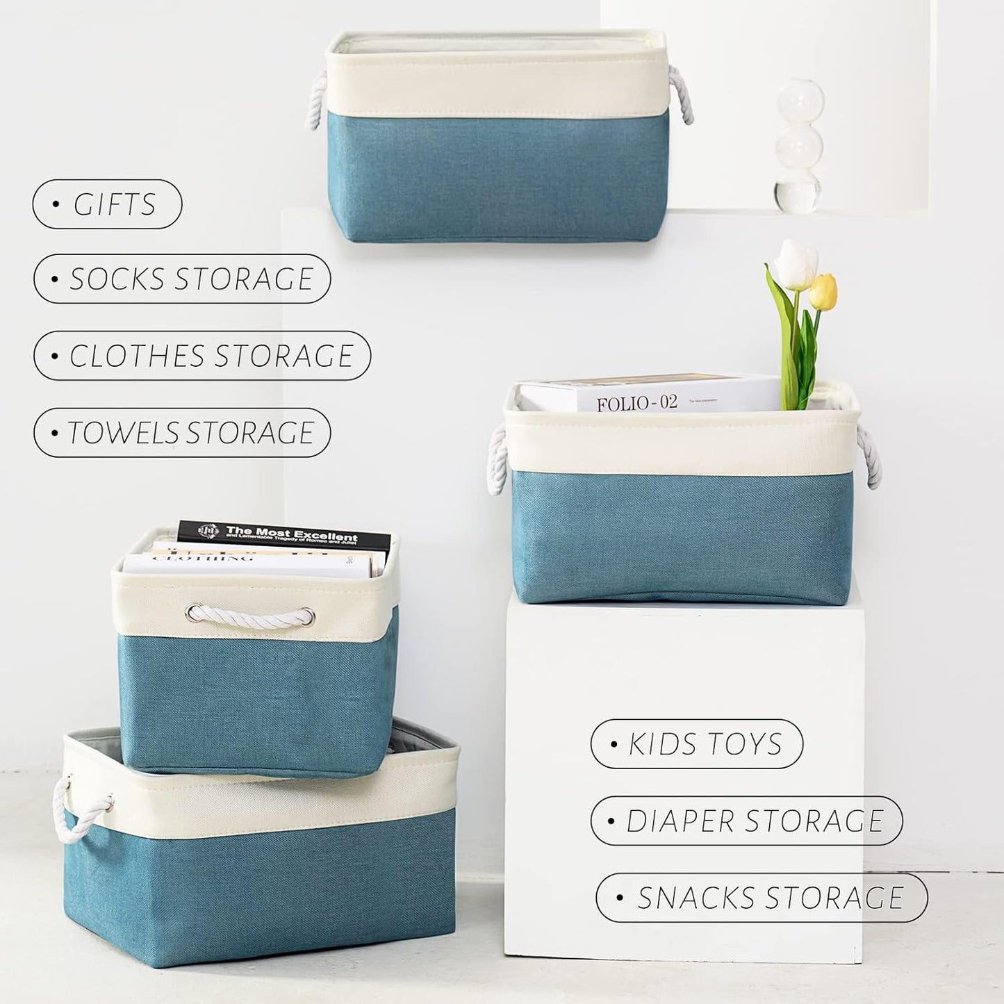 TcaFmac Storage Basket for Organizing - Large 4 Pack Fabric Storage Bins Baskets for Shelves with Ropes, Collapsible Storage Cubes for Closet Toy (White & Green16x12x8 inch)