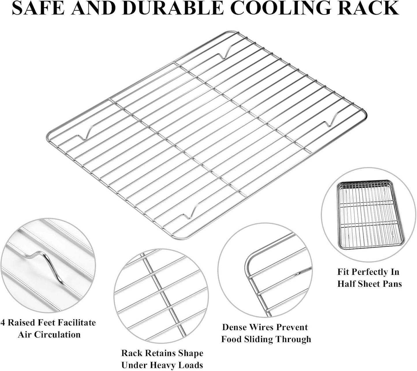 Deedro Baking Sheet with Rack Set [2 Sheets + 2 Racks], Stainless Steel Cookie Half Sheets Baking Pan Oven Tray with Cooling Rack, 12 x 10 x 1 Inch, Heavy Duty, Non-toxic, Easy Clean