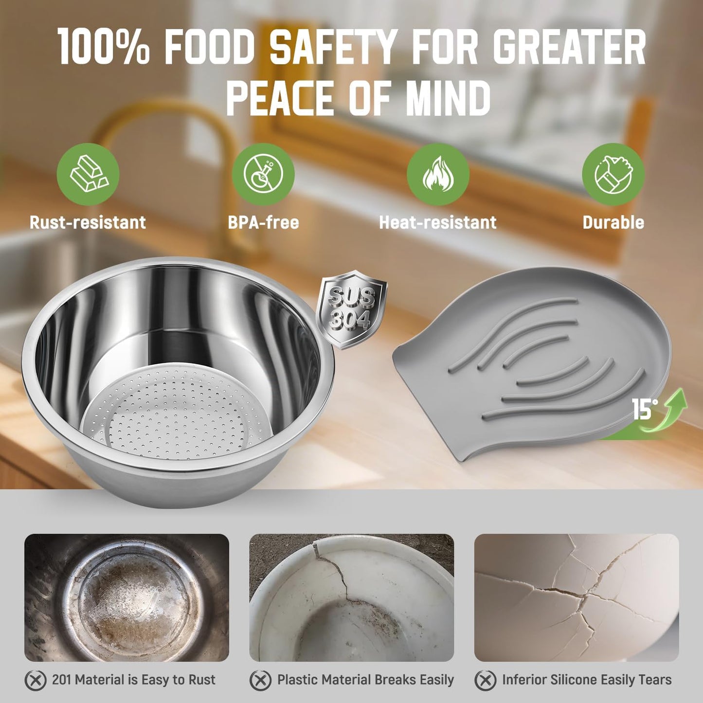 304 Stainless Steel Colander with Self-Draining Base, Goldusk 5QT Food-Grade Silicone Base Large Colander Strainer for Kitchen Pasta Strainer Washing Bowl for Pasta Rice Fruits Vegetables