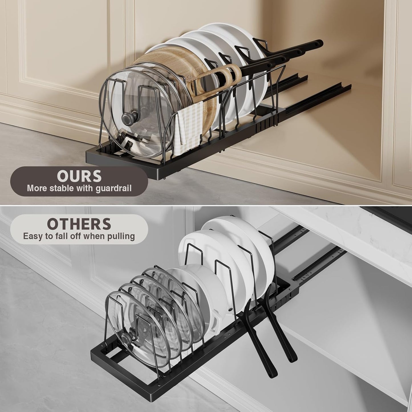 2 Pack Pots and Pans Organizer Under Cabinet, 22" Deep Expandable Pull Out Pot Lid Organizer and Storage with 10 Adjustable Dividers No Drill Pot and Pan Holder Rack with Handle Bracket(Black)