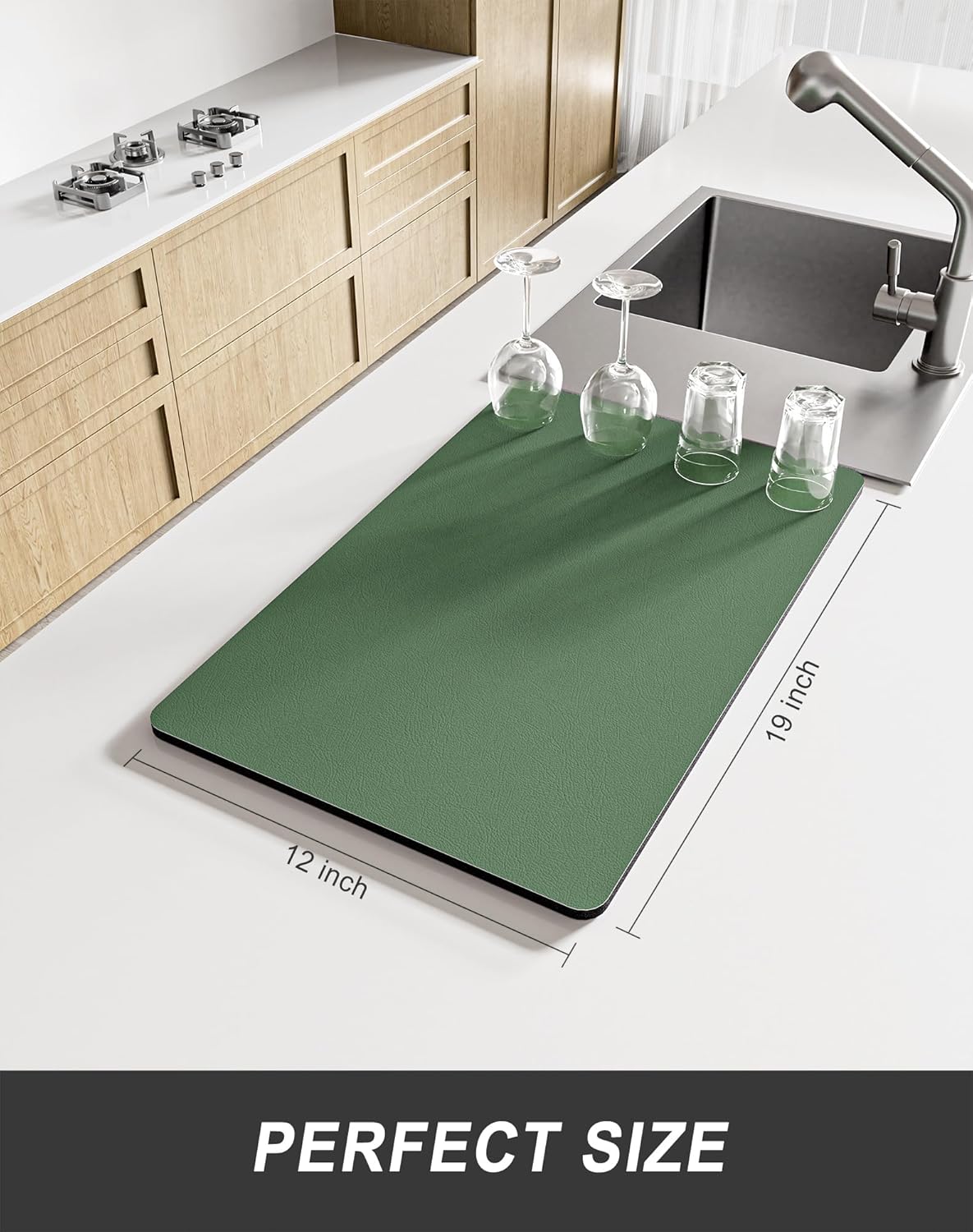 Rnivvi Dish Drying Mat for Kitchen Counter, 12 x 19" Super Absorbent Drainer Pad Easy Clean Dish Rack Pad, Non-Slip Heat Resistant Coffee Bar Mats for Coffee Machine Station Accessories, Forest Green