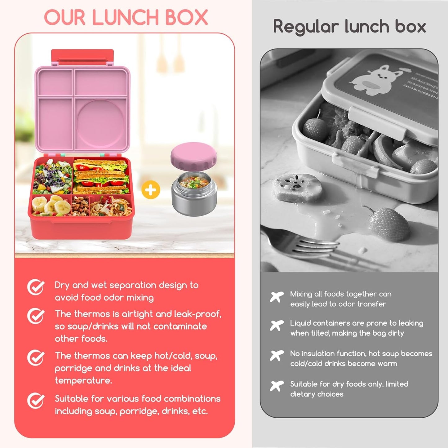 Bento Box for Kids - Leak-Proof Lunch Box with Insulated Thermos Food Jar - 4 Compartments, 1 Removable Divider, 1Spoon, 1 Fork - Dishwasher Safe, BPA-Free (Pink)