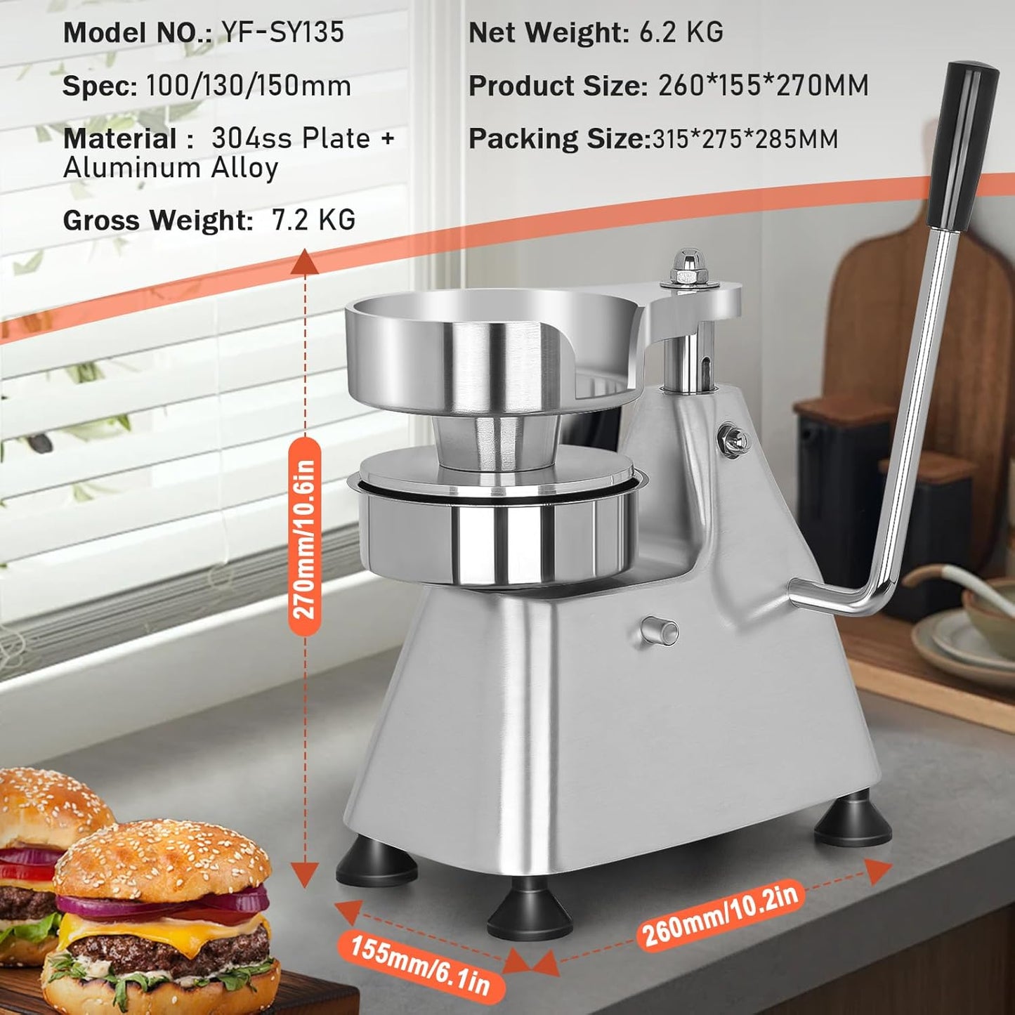Commercial Burger Patty Maker 3 in 1 Stainless Steel Heavy Duty Hamburger Press (4/5/6-inch) Commercial Hamburger Press Patty Maker Machine with 1200 Pcs Patty Papers for Beef Pork Chicken Patty