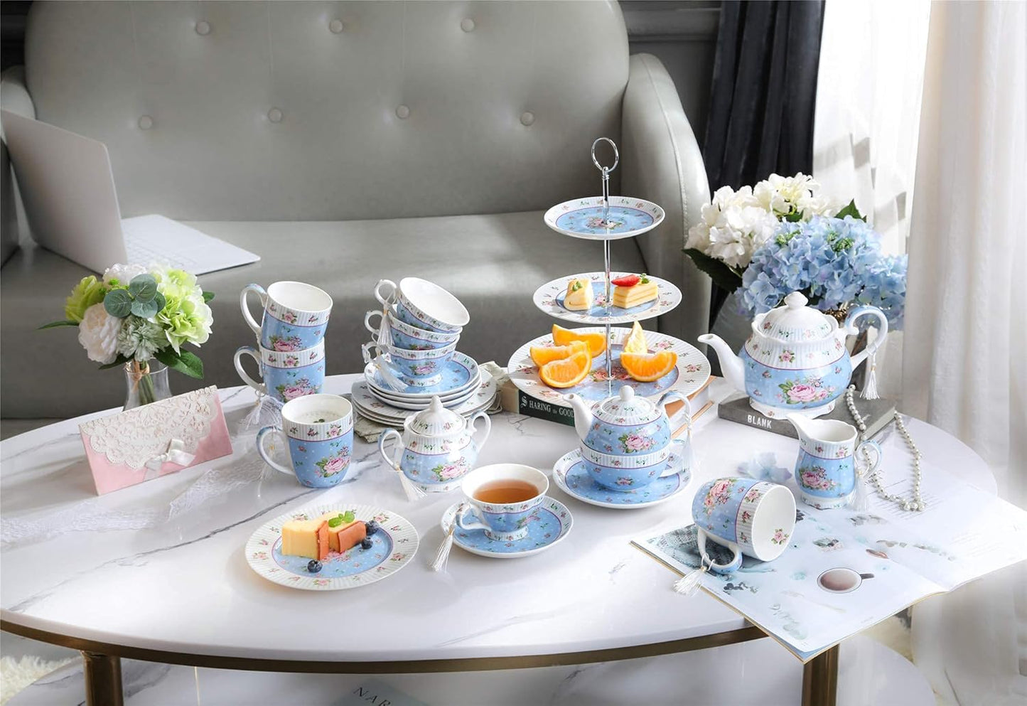 London Boutique Porcelain Teapot Sugar Bowl and Cream Milk Jug Shabby Chic Vintage Floral in Gift box 40oz (Teapot Rose Blue)