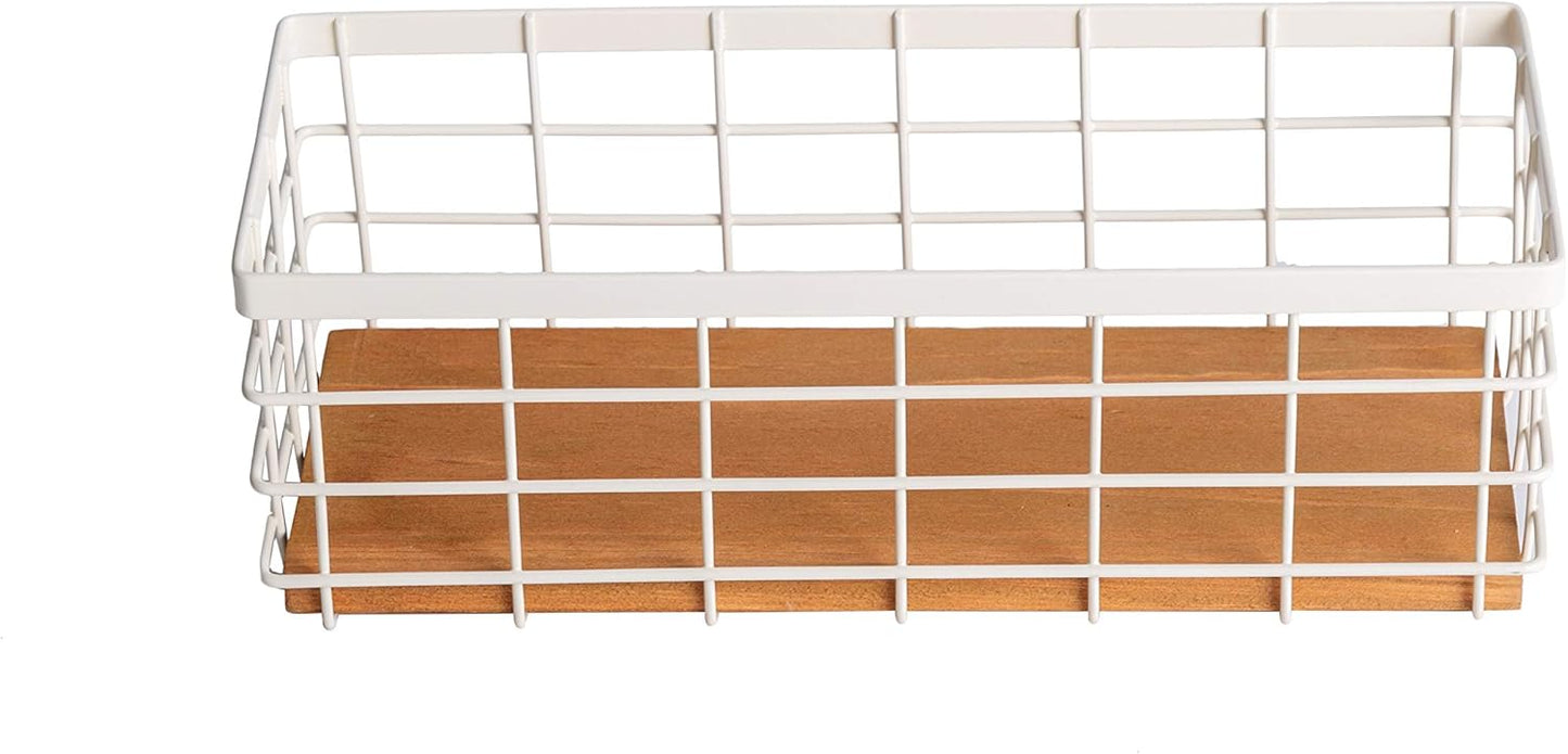 TIEYIPIN Small Metal Wire Storage Basket, Detachable Wood Base Storage Organizer Bin Basket for Kitchen Cabinets, Bathroom, Pantry, Garage, Laundry Room (Cream White, 2 Pack)
