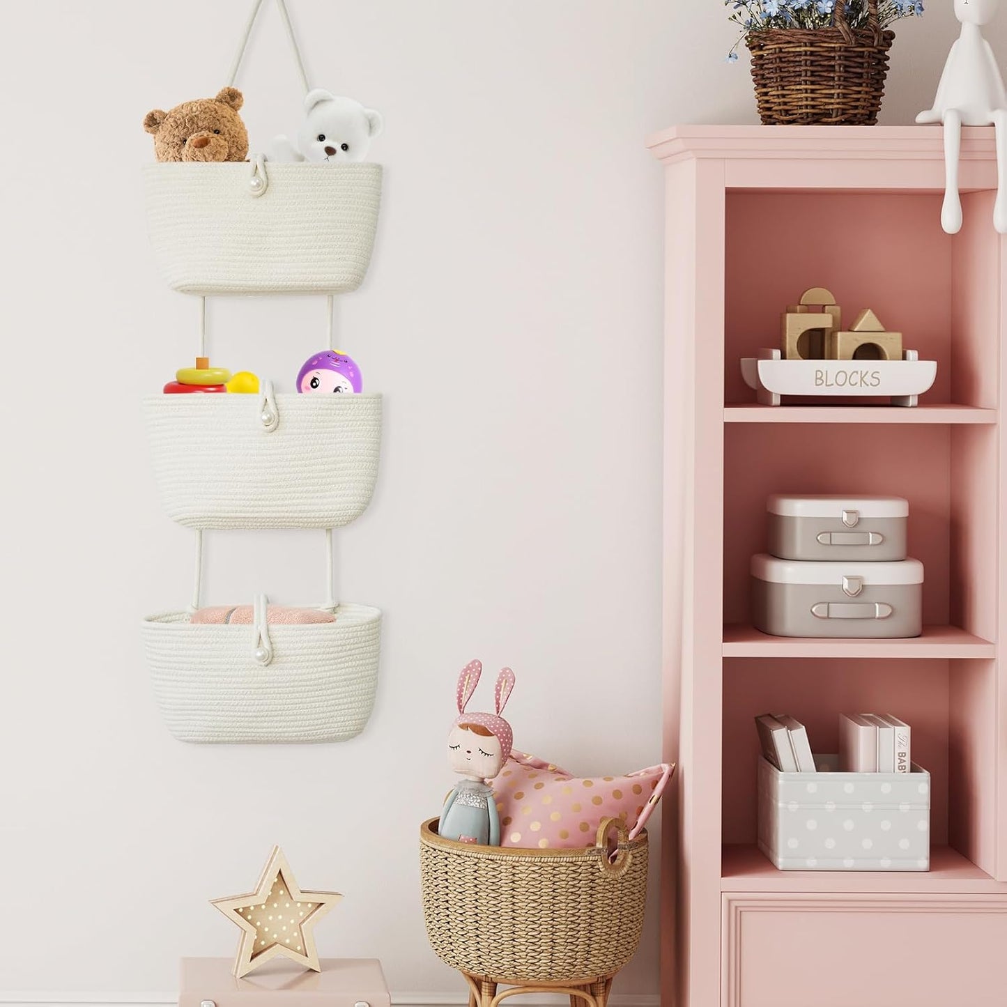 TeoKJ 3-Tier Hanging Baskets for Storage with Pearl Button Strap, Over The Door Storage Baskets for Bathroom, Bedroom, Closet, Door Storage Organizer for Decoration, White