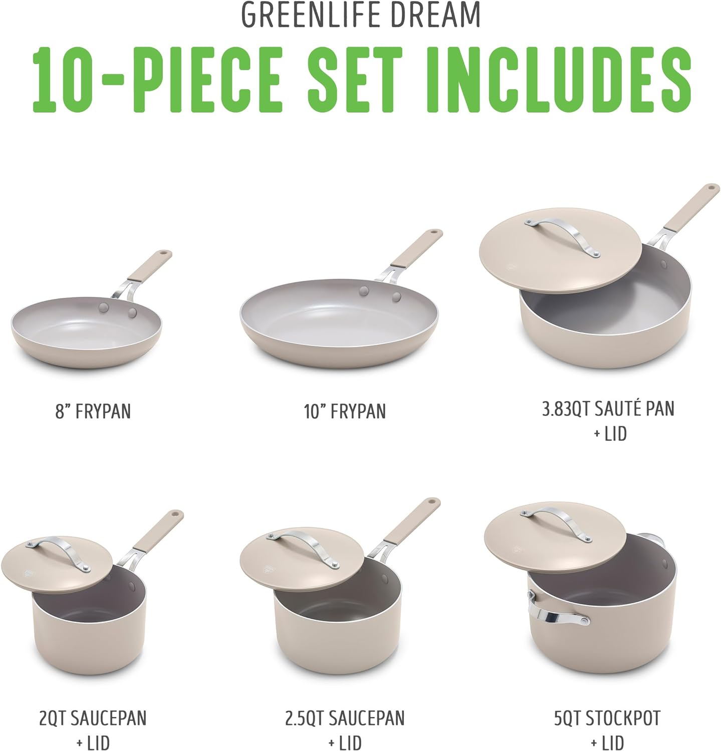 GreenLife 10-Piece Nonstick Ceramic Cookware Set, Lightweight Healthy PFAS-Free Pots & Pans with Lids, Dishwasher & Oven Safe, Durable Body, Silicone Stay-Cool Handles, Easy Release, Taupe