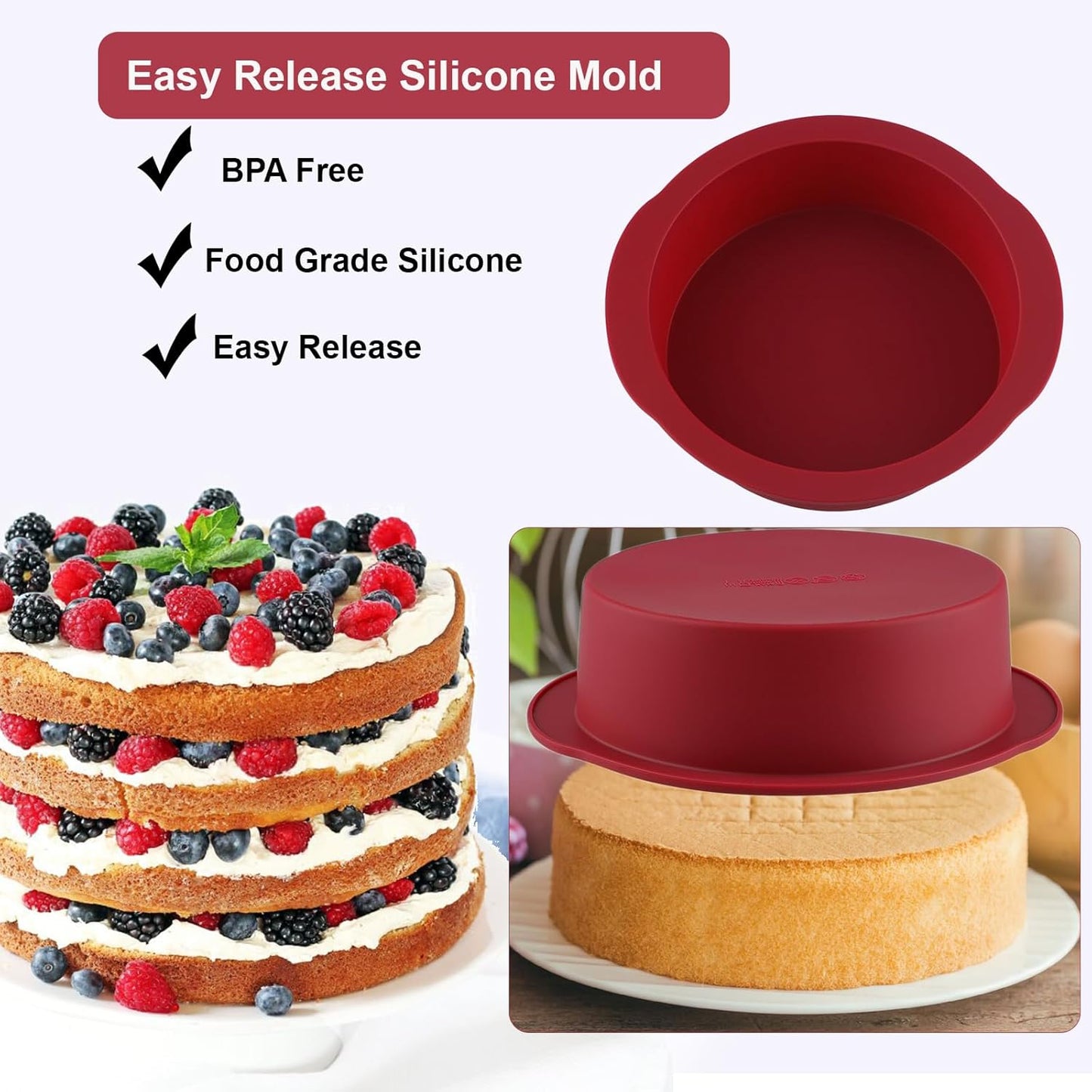 Nalchios 8 inch Silicone Round Cake Pans Set of 3, Non-stick Easy Releasing Mini Pans, Flexible BPA Free Silicone Baking Mold Pans for Layer, Mini, Pizza, Cheese, Chocolate Cake
