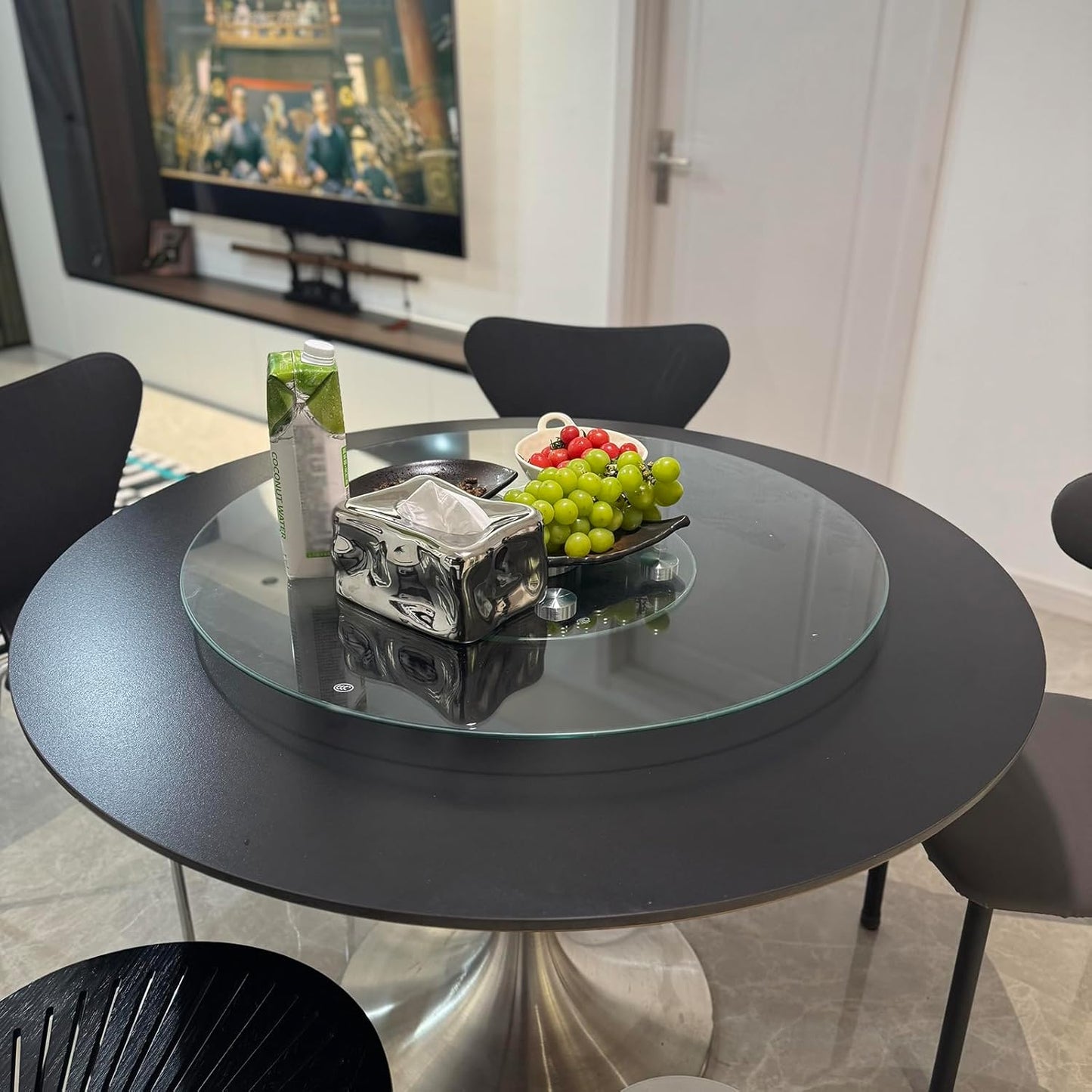 27" Large Lazy Susan Glass Serving Tray for Dining Table, Kitchen Round Clear Tabletop Turntable with Swivel Assist System, Silent & Smooth Spin Table Centerpiece