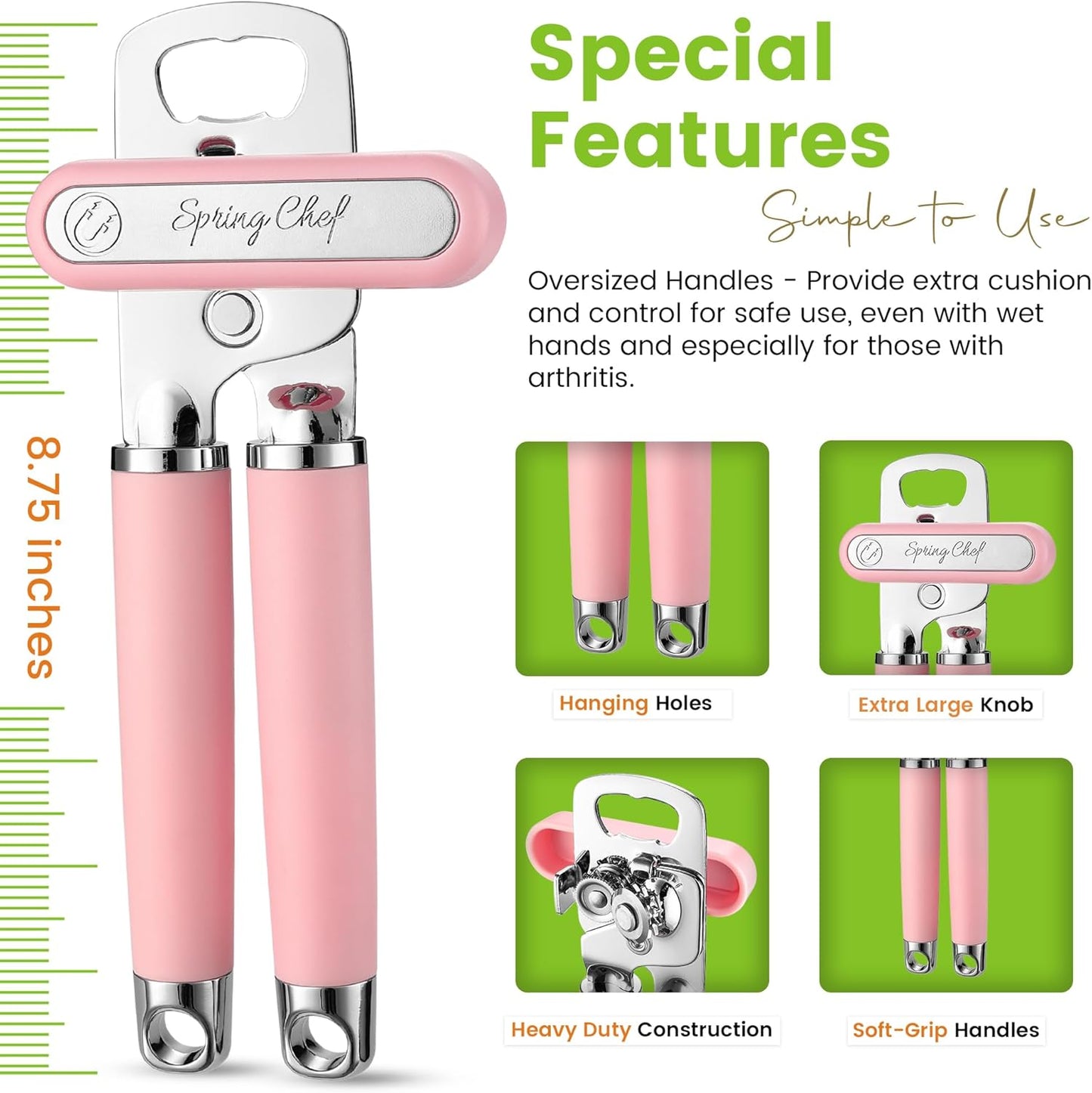 Spring Chef Stainless Steel Can Opener - Manual with Soft Grip Handles, Easy Turn, Heavy Duty Hand Can Openers for Seniors with Smooth Edge - Magnetic Lid Remover - Pink Lemonade
