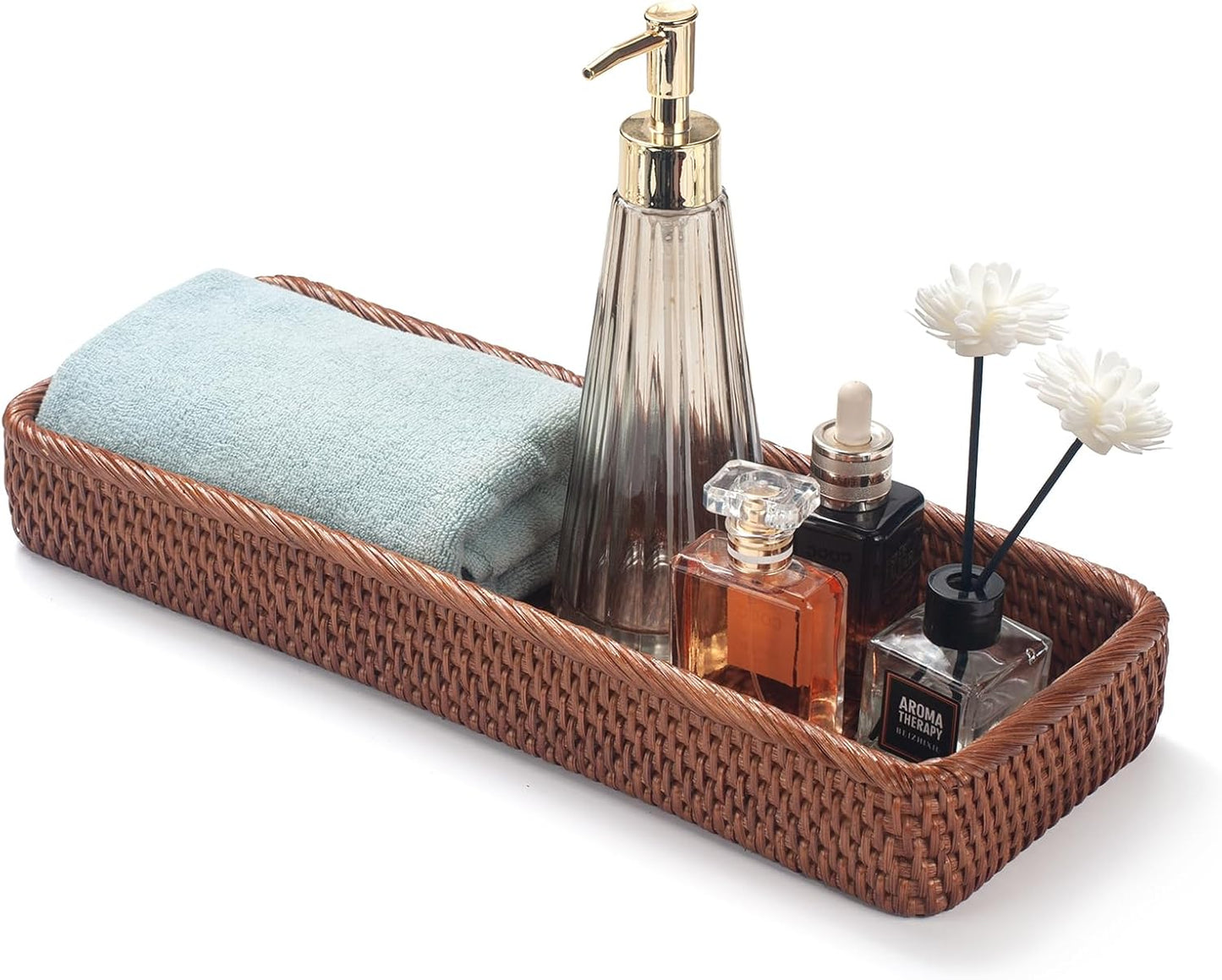 Rattan Bathroom Vanity Trays Toilet Tank Baskets Long Narrow Hand Towel Storage Basket for Storage, Decorative (Honey Brown 16.3 x 6.1 x 2 inch)