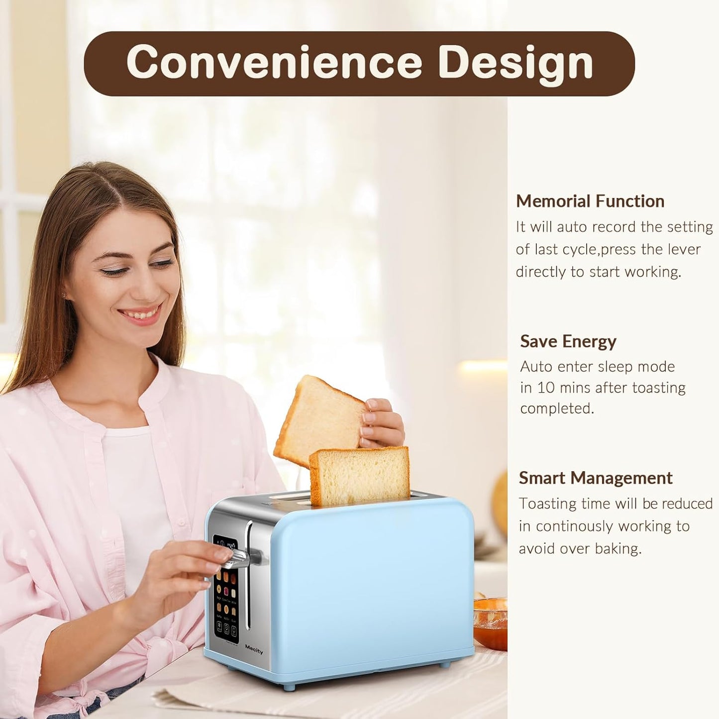 Mecity 2 Slice Touch Screen Toaster, 1.5" Wide Slot, Stainless Steel Smart Toaster for Bagels, Muffins, Waffles, Gluten-Free Breads, Defrost, Reheat, Timer, 120V 825W, Ice Blue