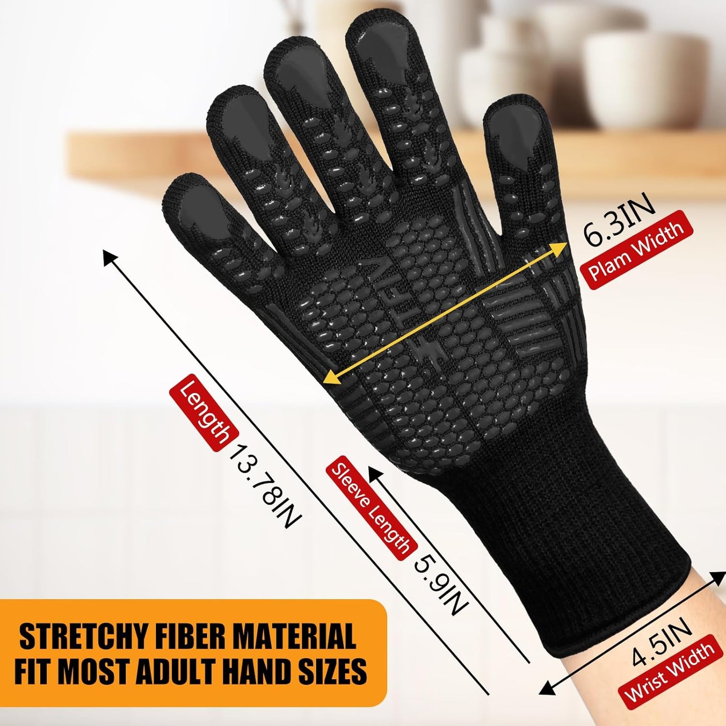 BBQ Gloves, Oven Gloves, 1472°F Extreme Heat Resistant Barbecue Gloves, Silicone Non-Slip Oven Mitts, Kitchen for Cooking, Grilling, and Baking (Black)