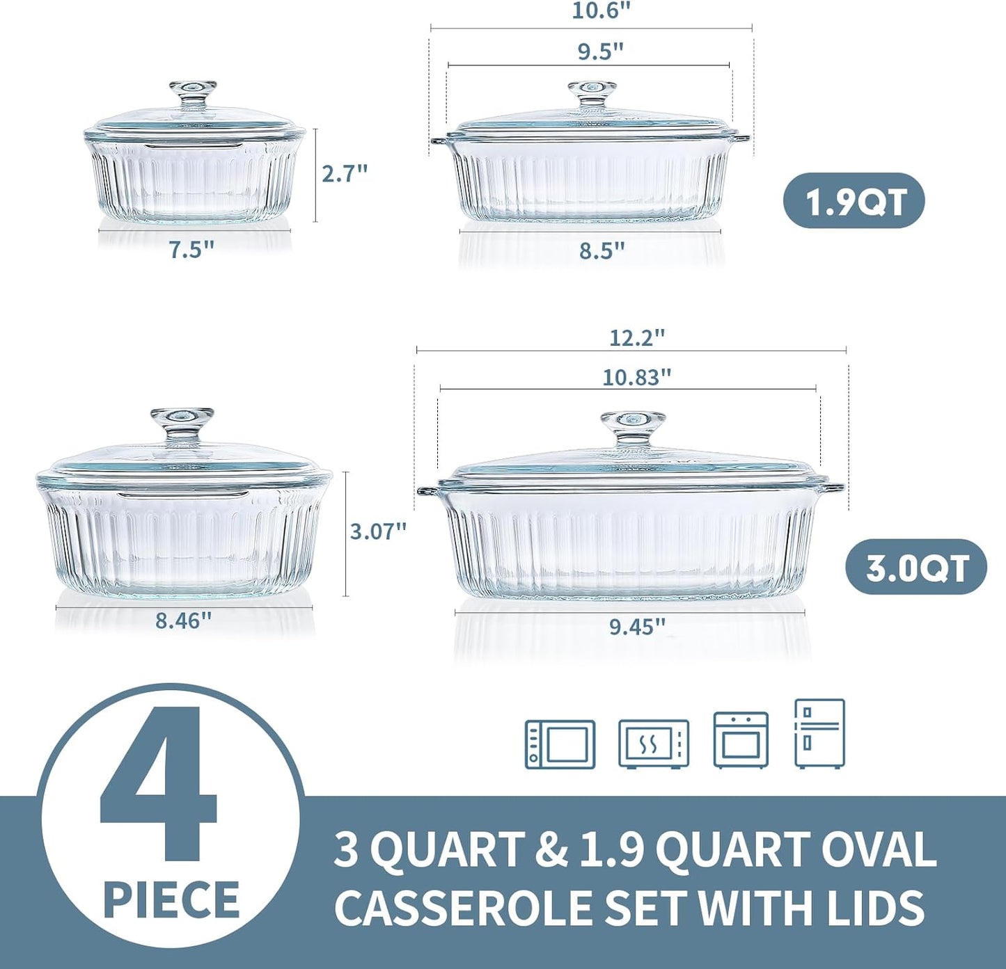 M MCIRCO 4-Piece Glass Casserole Baking Dish, Set of 2 Casseroles With Glass Lids, 1.9 Qt and 3 Qt