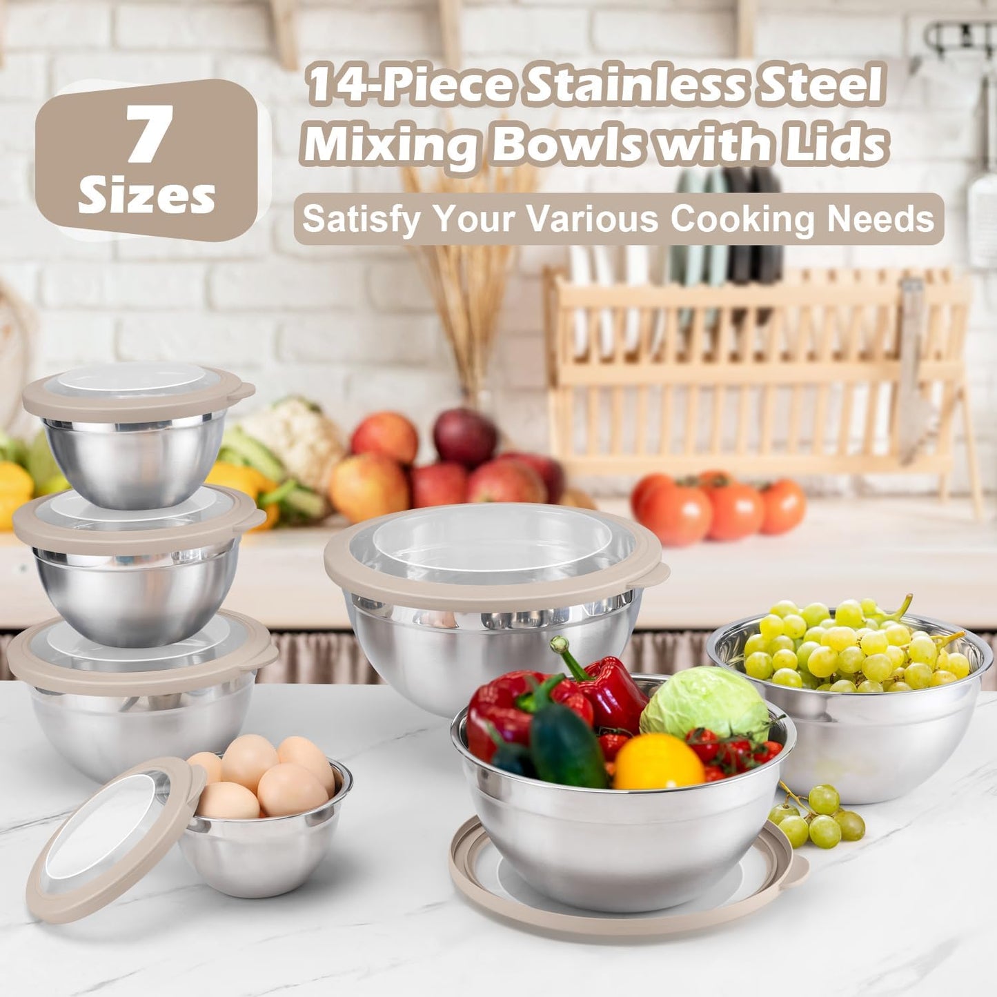 E-far Stainless Steel Mixing Bowls with Airtight Clear Lids Set of 7, Metal Nesting Bowls for Kitchen Prep, Baking, Cooking, Serving, Salad, Dishwasher Safe, Size 4.6, 3.5, 3, 2, 1.5, 1, 0.7QT, Khaki