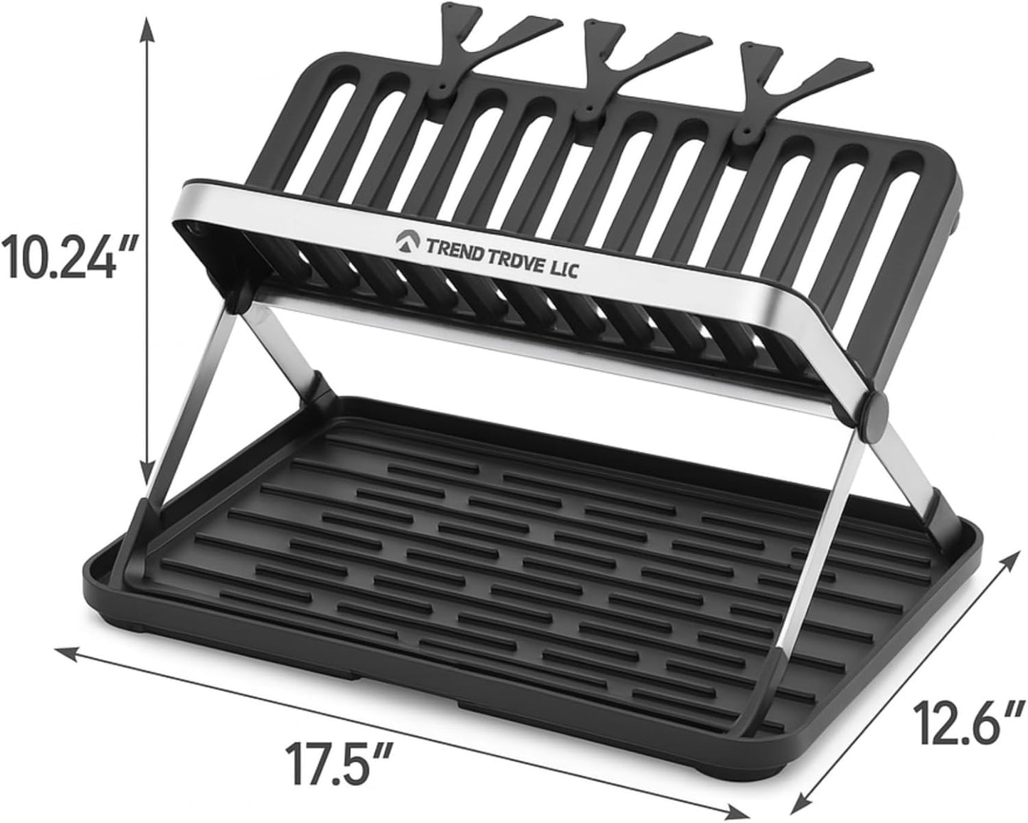 TrendTrove Foldable Dish Drying Rack – Stainless Steel Dish Rack for Kitchen Counter & Over Sink – Compact, Space-Saving Dish Drainer with Drip Tray, Utensil Holder & Plate Dividers (Black/Silver)