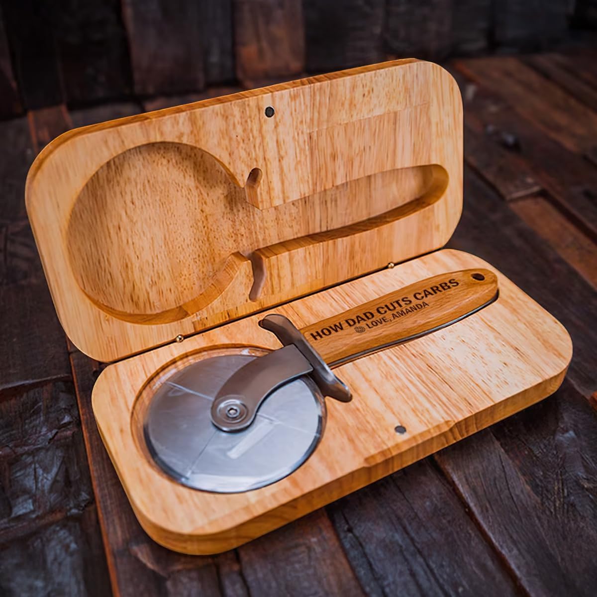 Pizza Cutter Wheel with Sharp Blade - Gifts for Men, Women, Gift for Husband, Birthday & Christmas Gift - Wooden Pizza Wheel Cutter (How Dad Cuts Carbs)