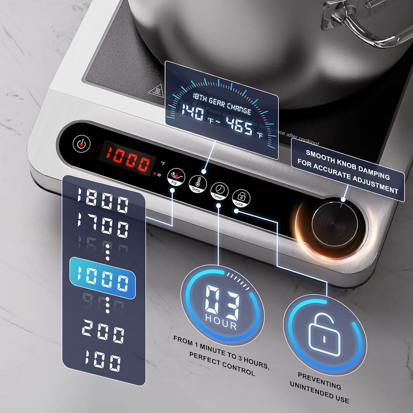 Induction Cooktop, 1800W Commercial Induction Burner, 7.3” Heating Coil Professional Countertop Stove Burner, Hot Plate 3 Hours Timer, 18 Levels Temperature & Power