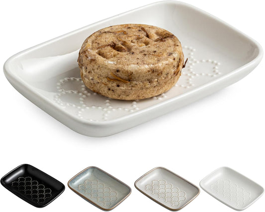 Gomakren Soap Dish for Shower, Ceramic Soap Dishes for Bar Soap Sponge, Shower Soap Holder Saver Tray for Bathroom Kitchen Sink, Easy to Clean, White