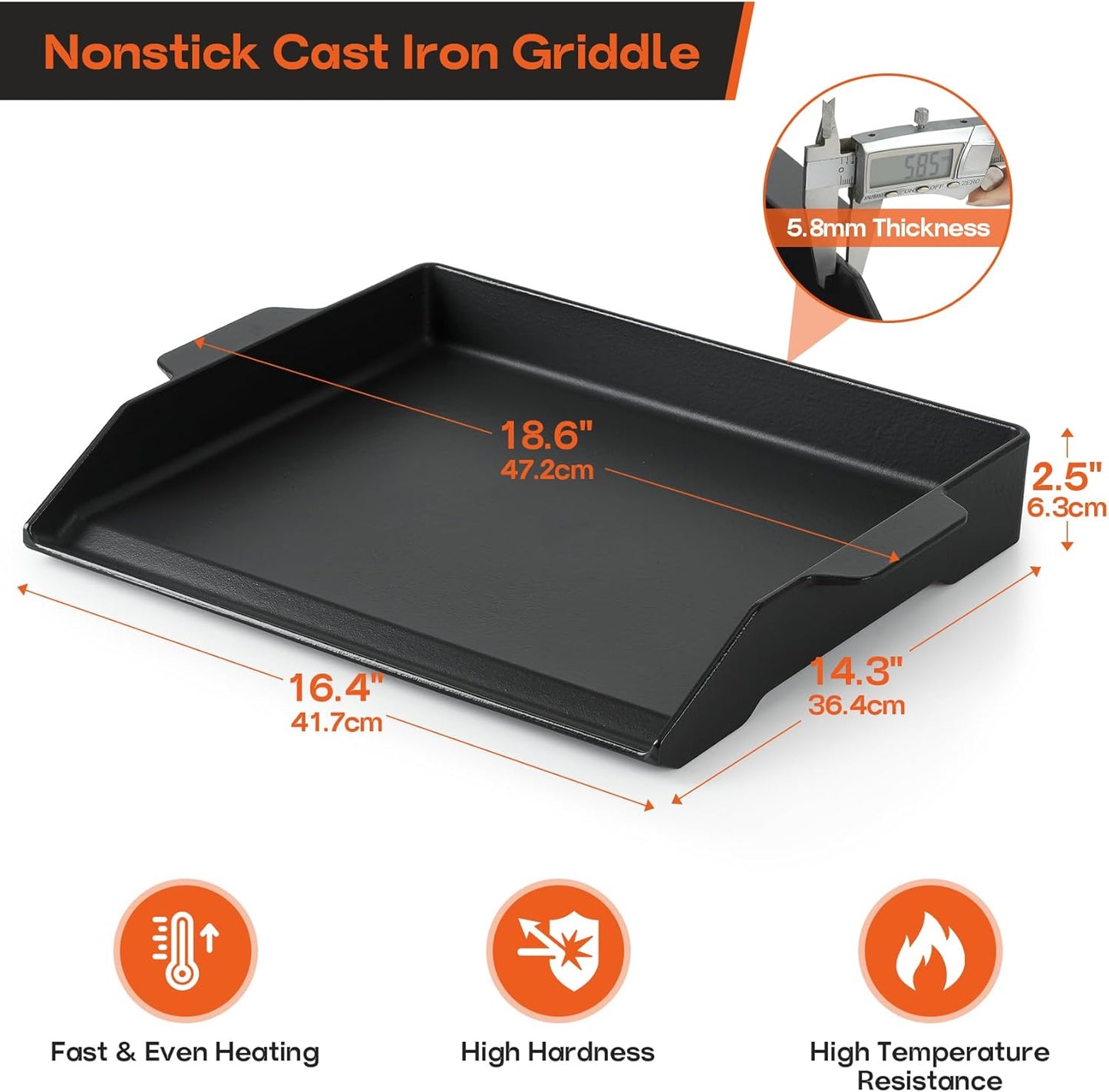 Onlyfire Universal Cast Iron Cooking Griddle, Nonstick Coating Griddle Flat Top Grill Plate with Extra High Sidewalls for Charcoal, Gas Grills and Range Oven, 18.5" × 14"