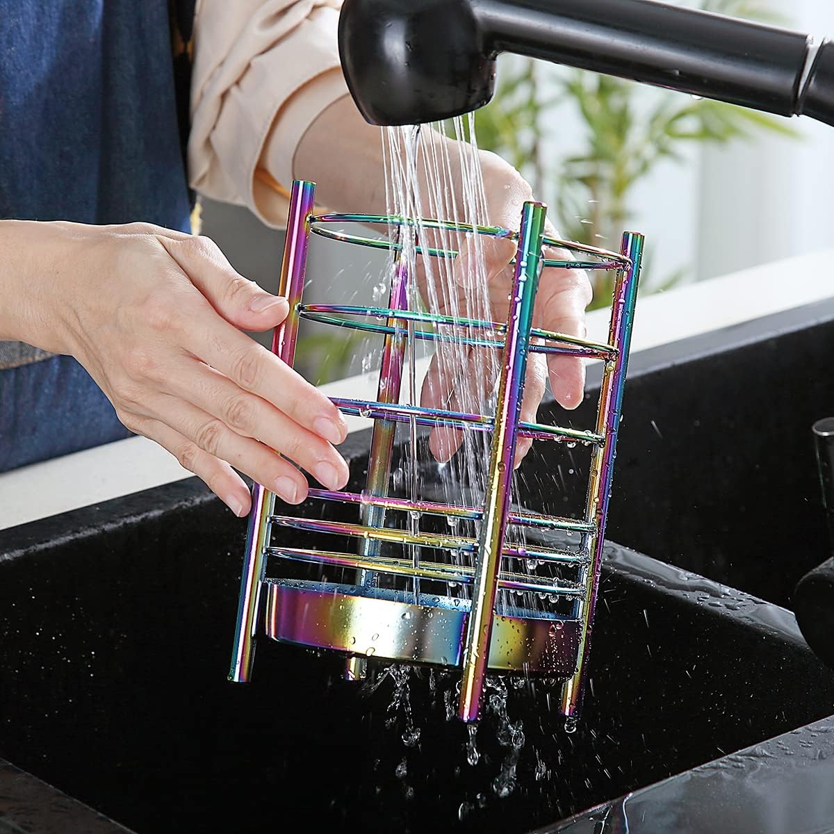 Rainbow Kitchen Utensil Holder for Kitchen Counter, Stainless Steel Utensil Crocks, Rainbow Titanium Coating Utensil Storage Caddy Organizer, Cooking Utensil Holder, Easy Cleaning(Rainbow/7.4''x5.2'')