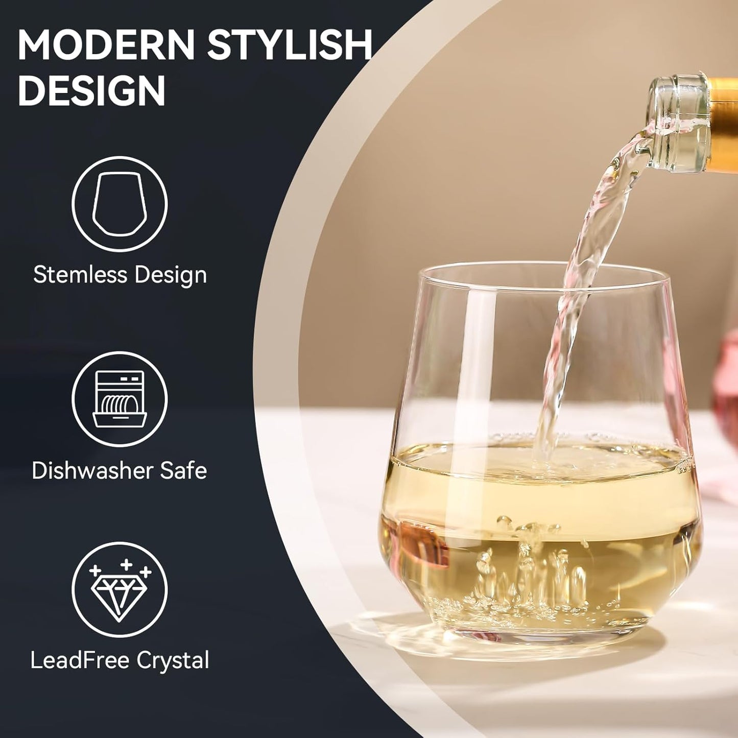 Physkoa Stemless Wine Glasses Set of 6 – 18oz Modern Crystal Glass, Lightweight & Dishwasher Safe | Red & White Wine Glasses for Daily Use, Parties, Housewarming or Birthday Gift