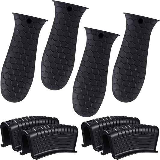 Patelai 8 Pcs Silicone Pot Holders Set Cast Iron Handle Cover Heat Resistant Pot Handle Covers Potholder Non Slip Reusable Pan Sleeve for Frying Pan Kitchen Supplies(Black)